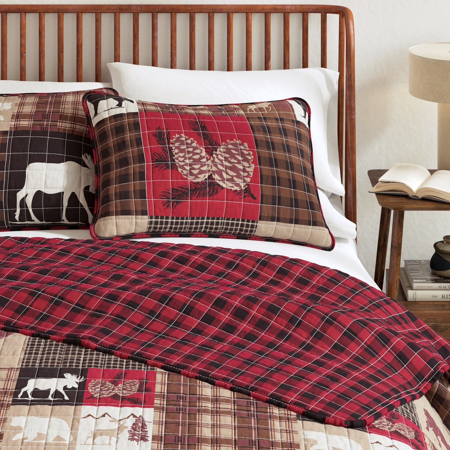 Cozy King and California King Bed Linens featuring plaid patterns and rustic nature motifs.