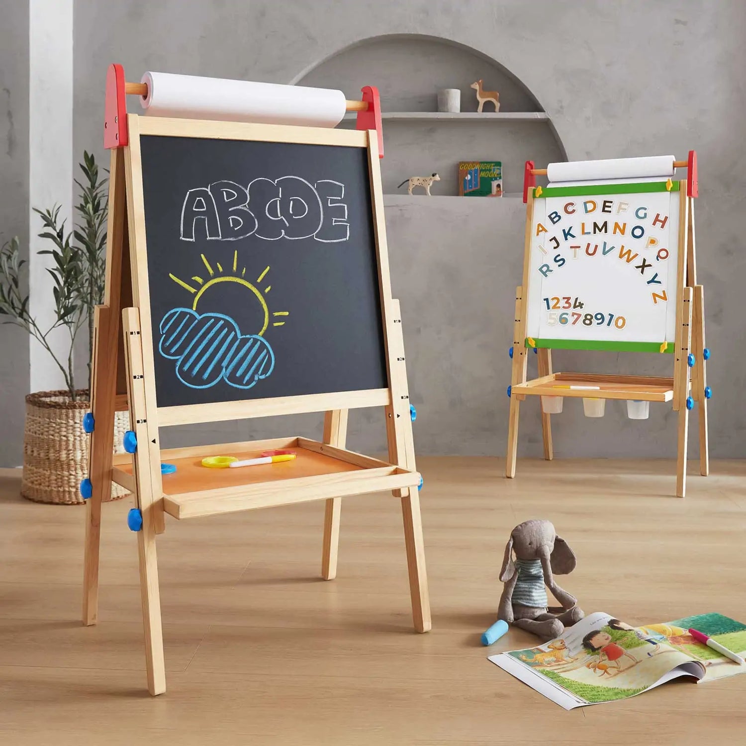 Colorful art supplies on a wooden easel, ideal for creative learning and drawing activities with children.