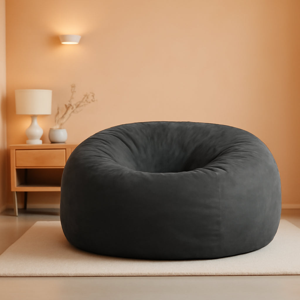 Stylish Beanbag Chairs in a minimalistic living room setting with warm colors and decorative elements.