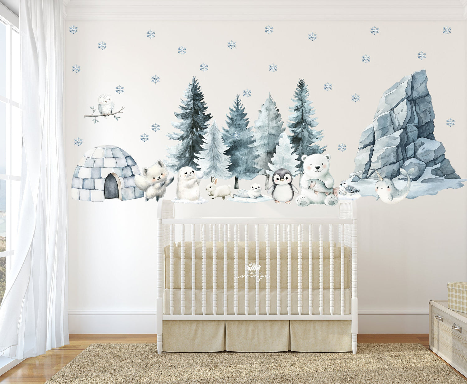 Nursery Wall Art featuring adorable snowy animals and a cozy igloo in a charming nursery setting.