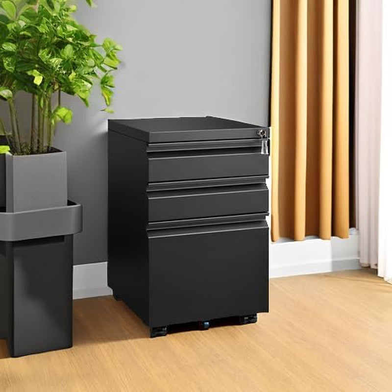 Black locking file cabinet with three drawers in a modern office setting.
