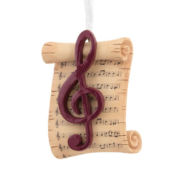 Hobby Christmas Ornaments featuring a musical note on a scroll with sheet music design.