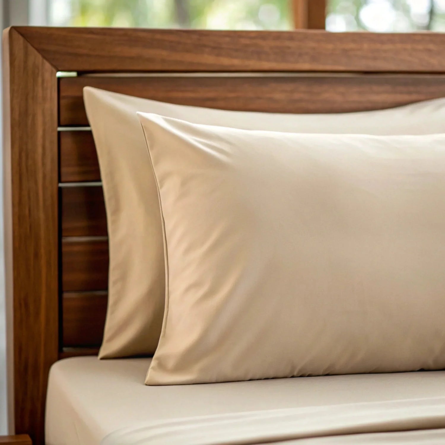 Soft beige pillowcases placed on a wooden bed frame, showcasing luxurious satin texture and comfort.