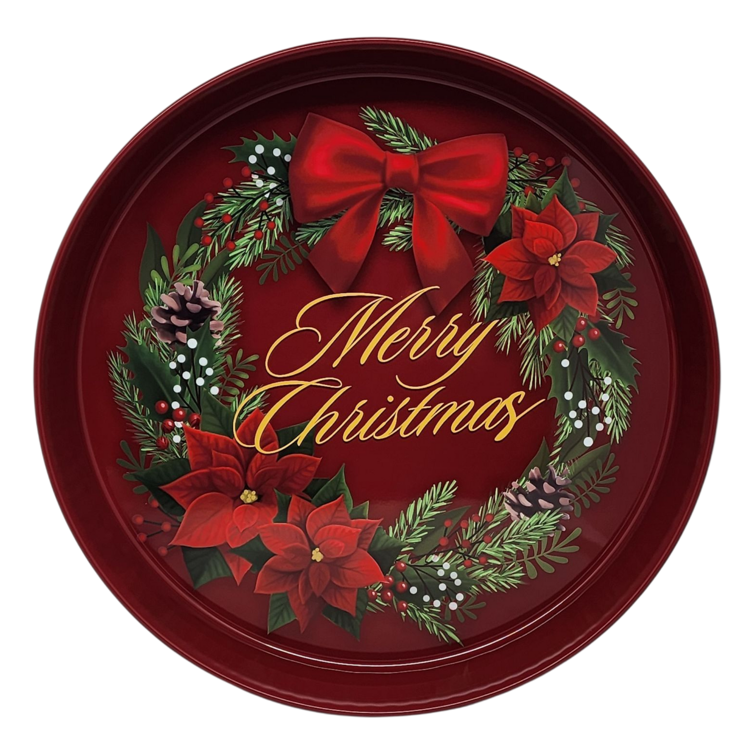 Christmas Serveware featuring a decorative red tray with a wreath and Merry Christmas message.