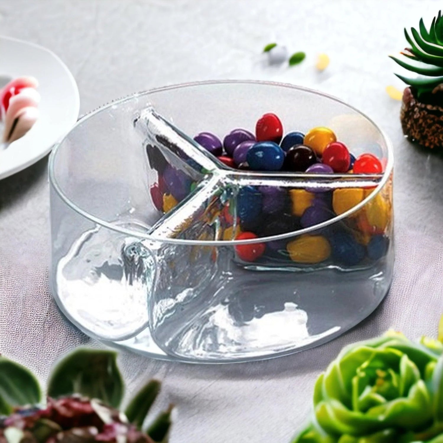 Serving Bowls with divided sections for snacks and candies, featuring colorful treats in a clear design.