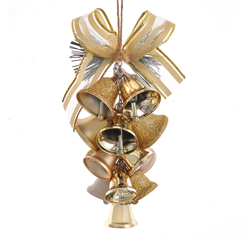Jingle Bells decoration featuring shiny gold bells and a festive ribbon bow.