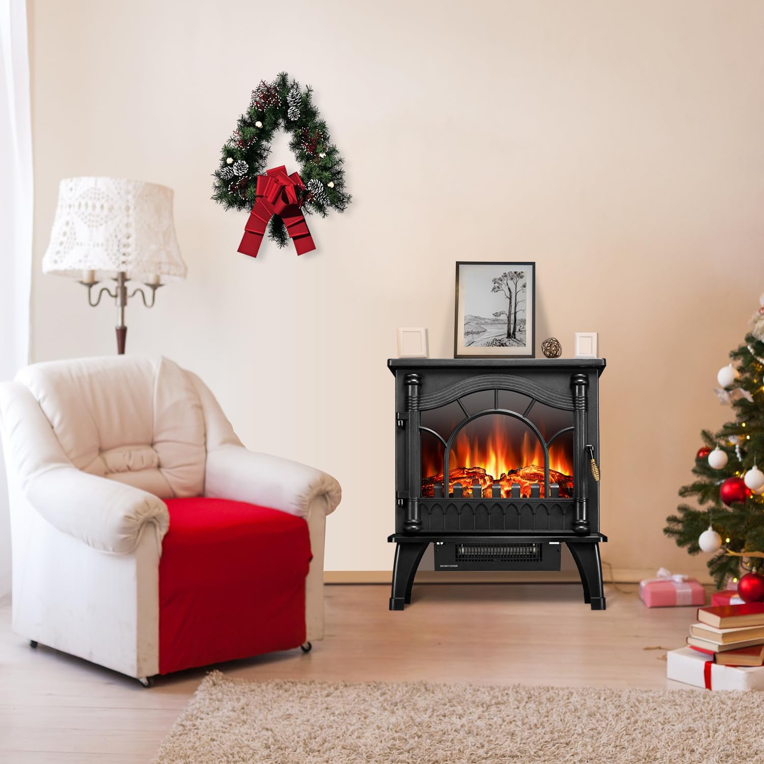 Cozy living room featuring a Freestanding Fireplace with festive decor and a comfortable chair.