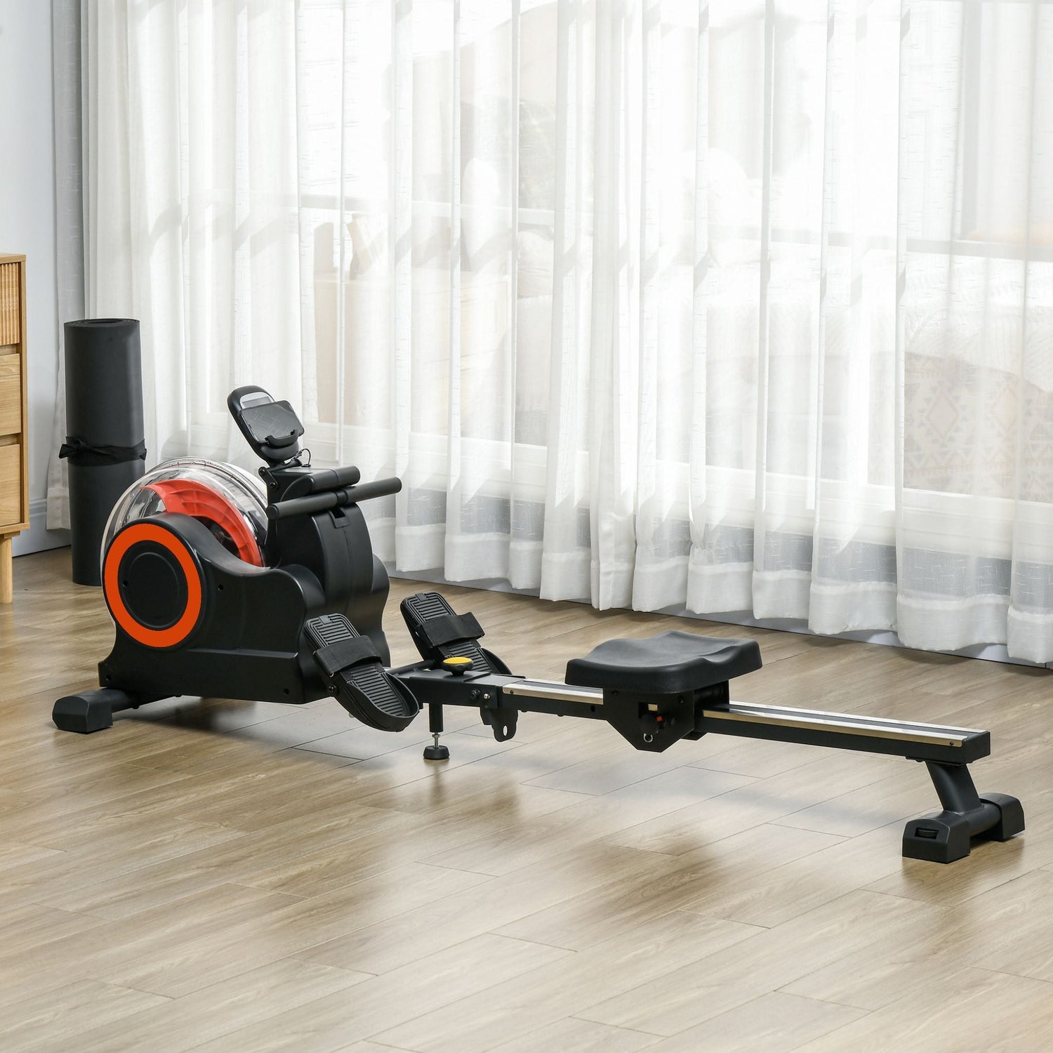 High-quality rowing machine showcasing exercise equipment in a bright, airy indoor space.