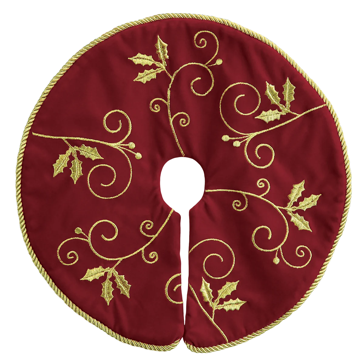 Elegant Christmas Tree Skirts with gold embroidered holly on a rich red background.