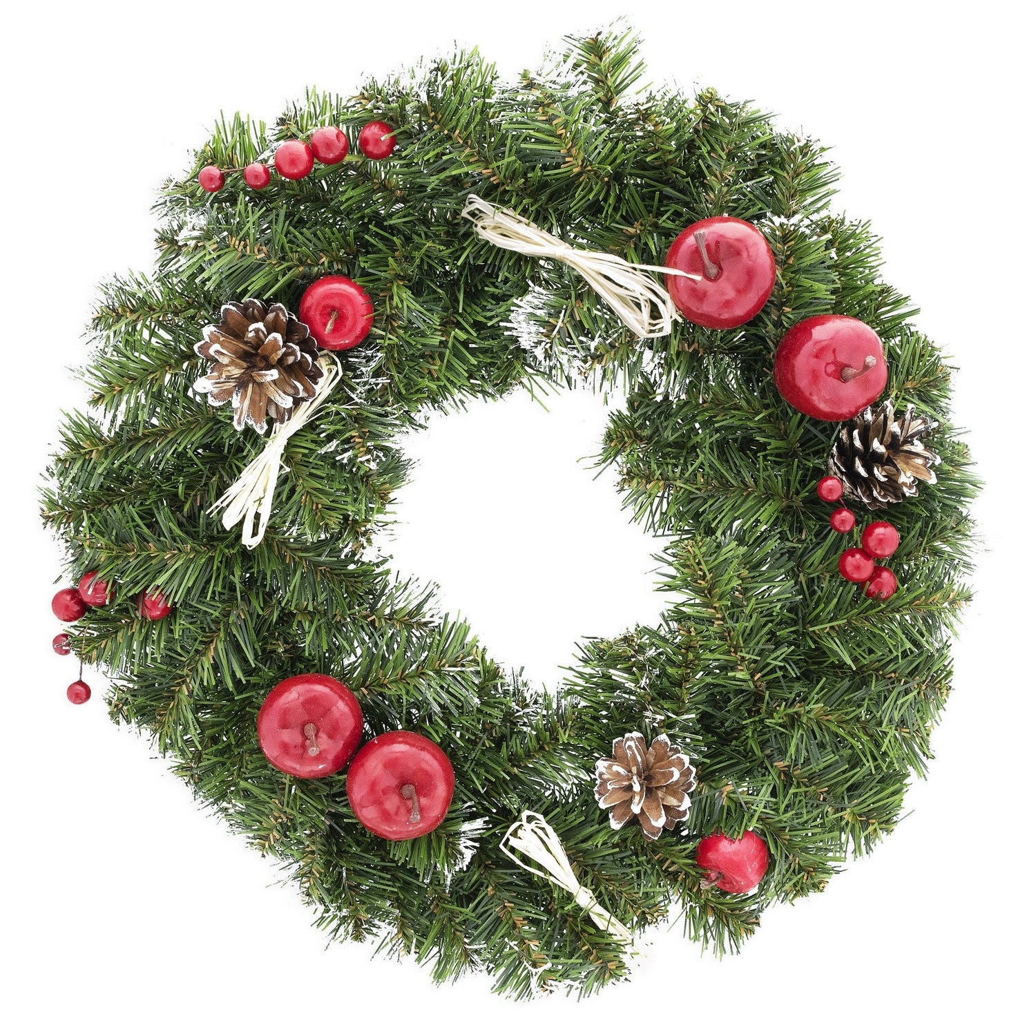 Christmas Wreaths with red ornaments, pinecones, and festive greenery for holiday decoration.