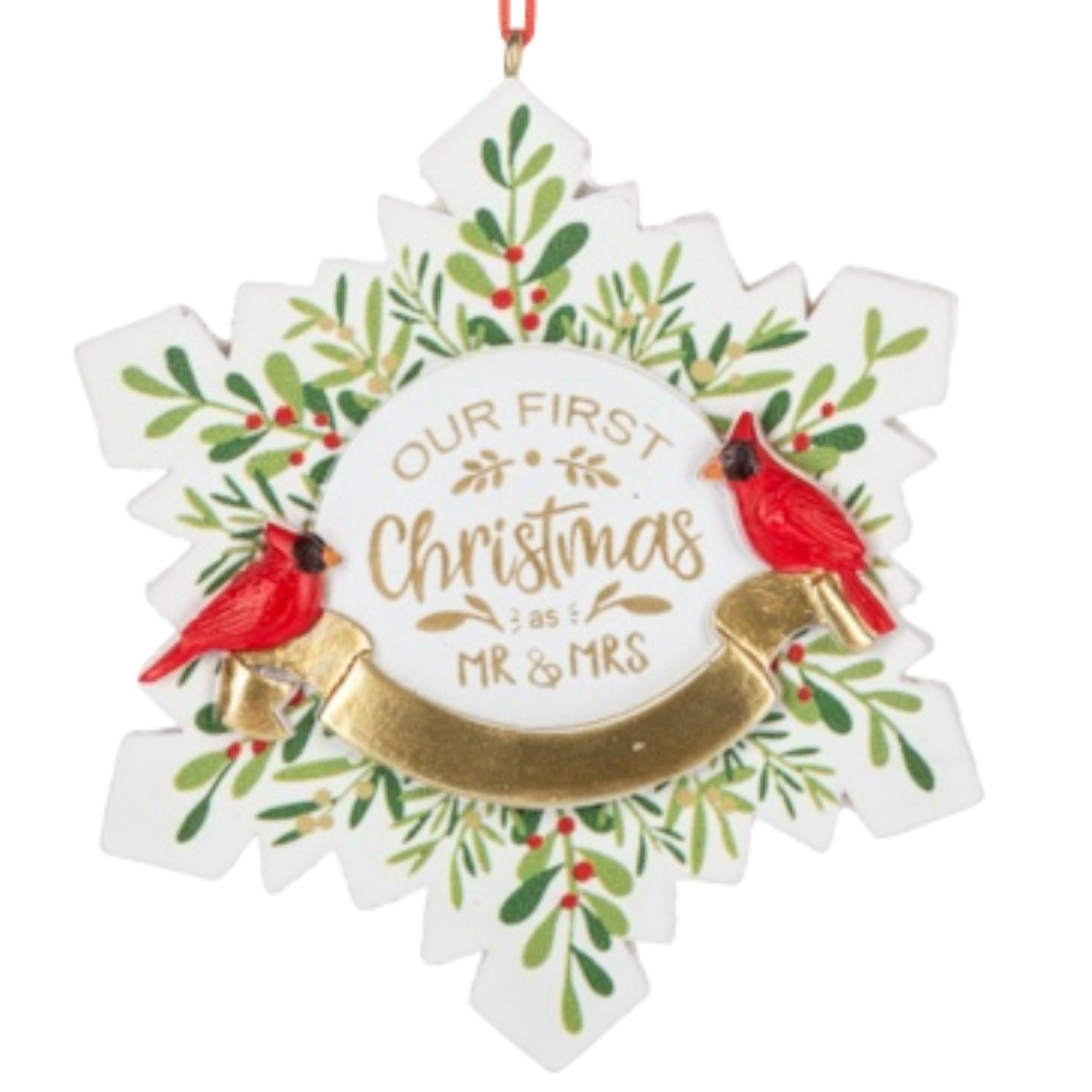 First Christmas Ornaments featuring a decorative snowflake with cardinals and a banner.