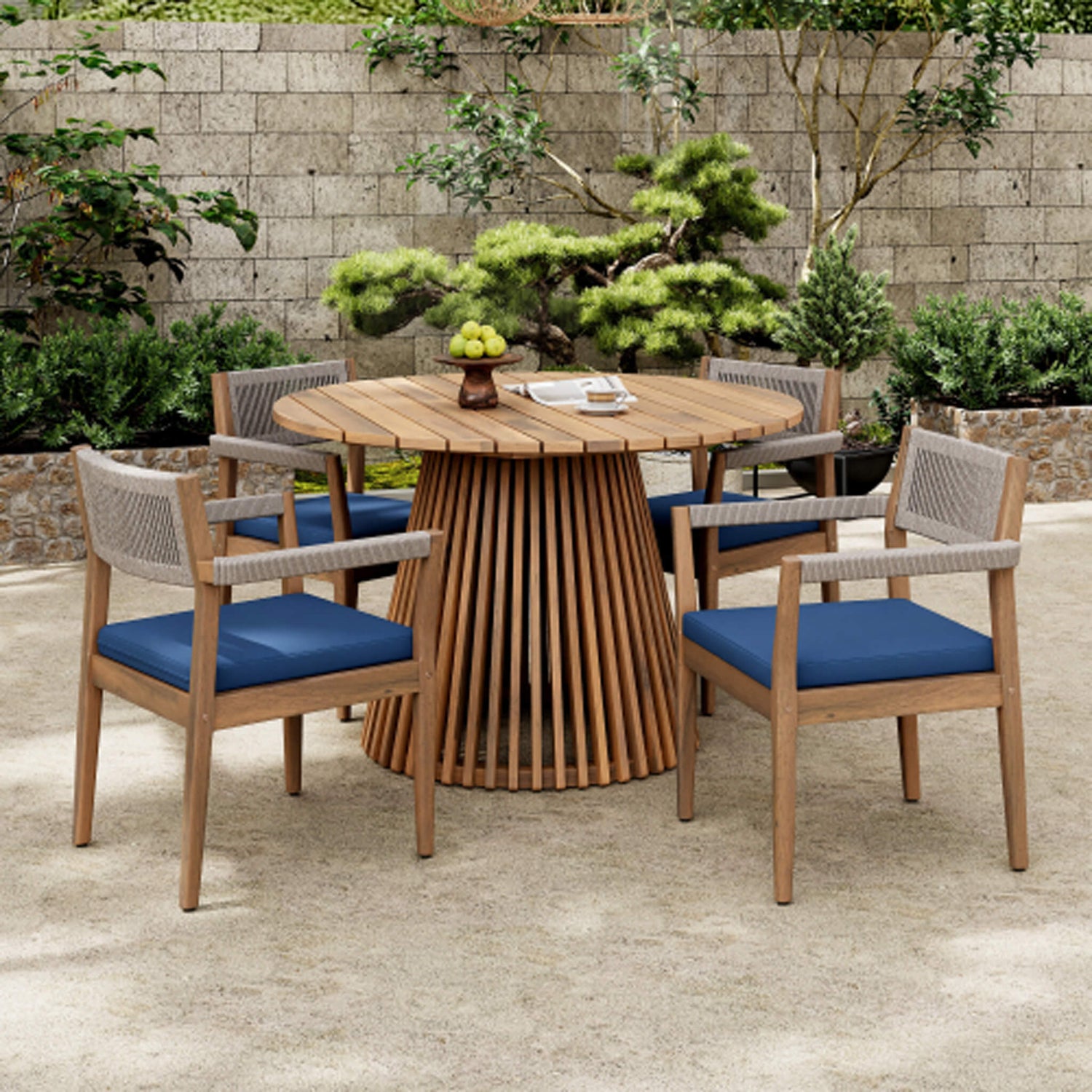 Patio Chairs arranged around a stylish wooden table in a lush garden setting.