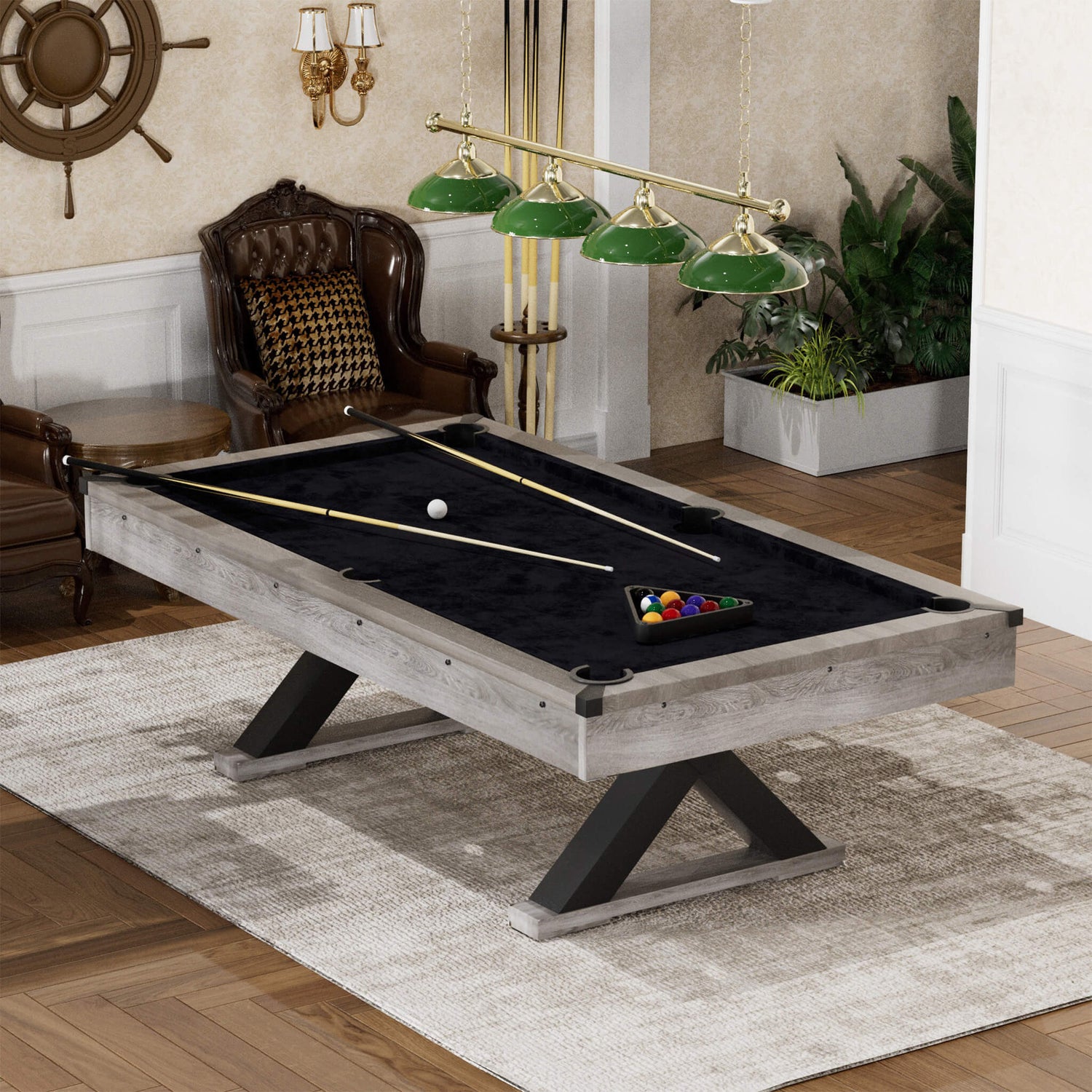 Elegant pool table with cues and balls in a stylish living room setting, showcasing premium Pool Tables.
