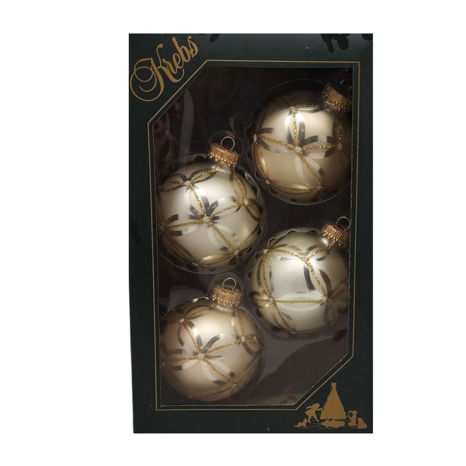 Christmas Ornament Sets featuring four elegant gold and white decorative baubles in a gift box.