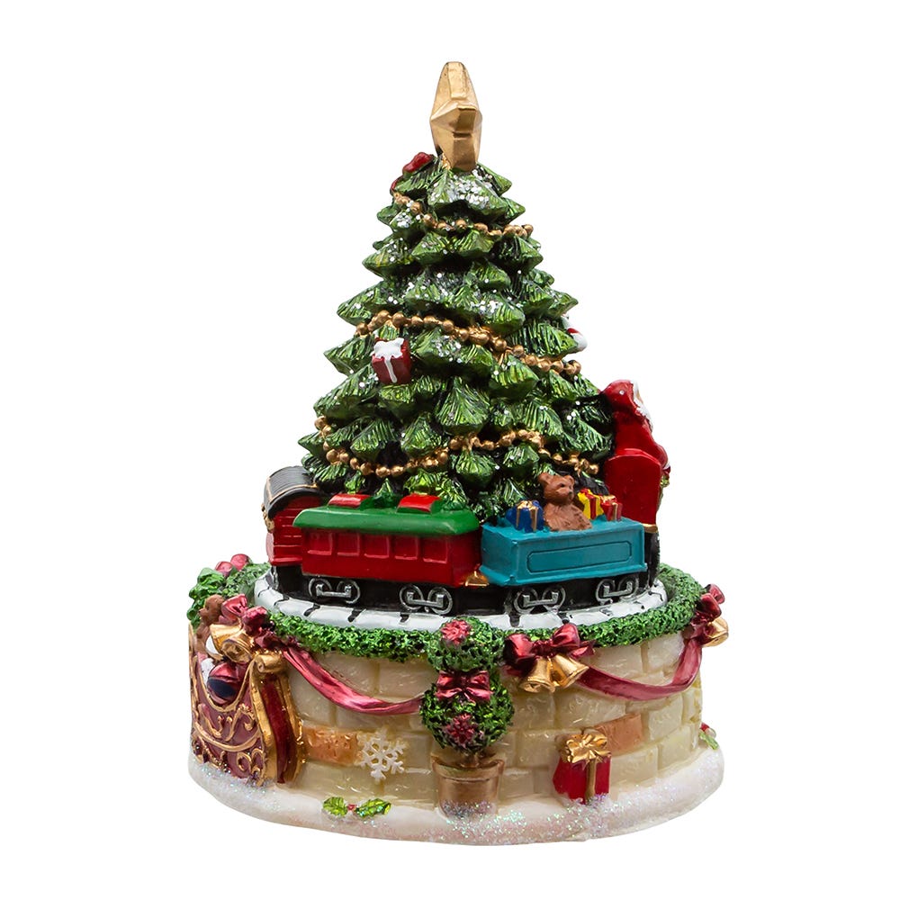 Colorful Christmas Décor featuring a festive train around a beautifully decorated Christmas tree.