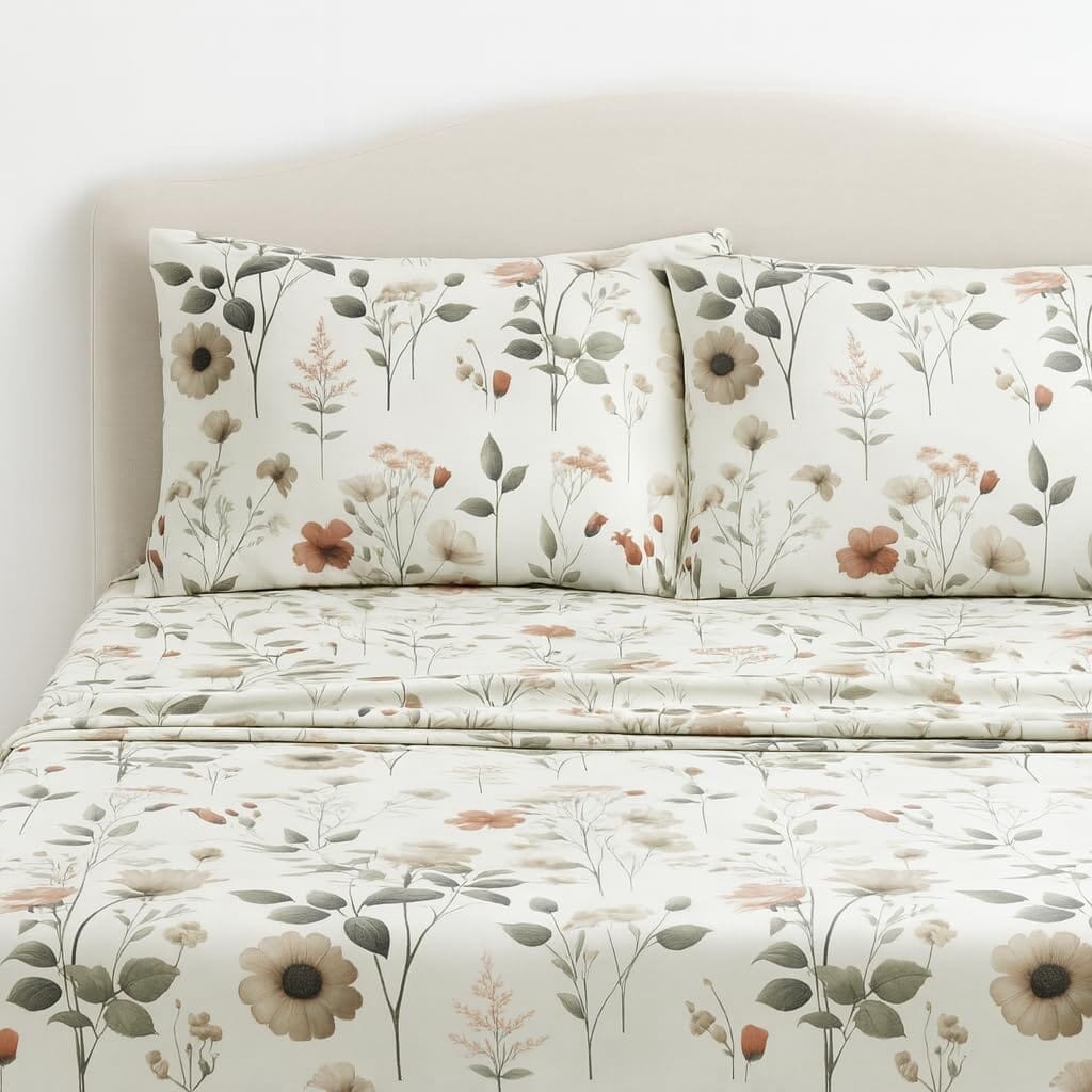 Full and Queen Bed Sheets with floral design, featuring soft colors and botanical patterns.