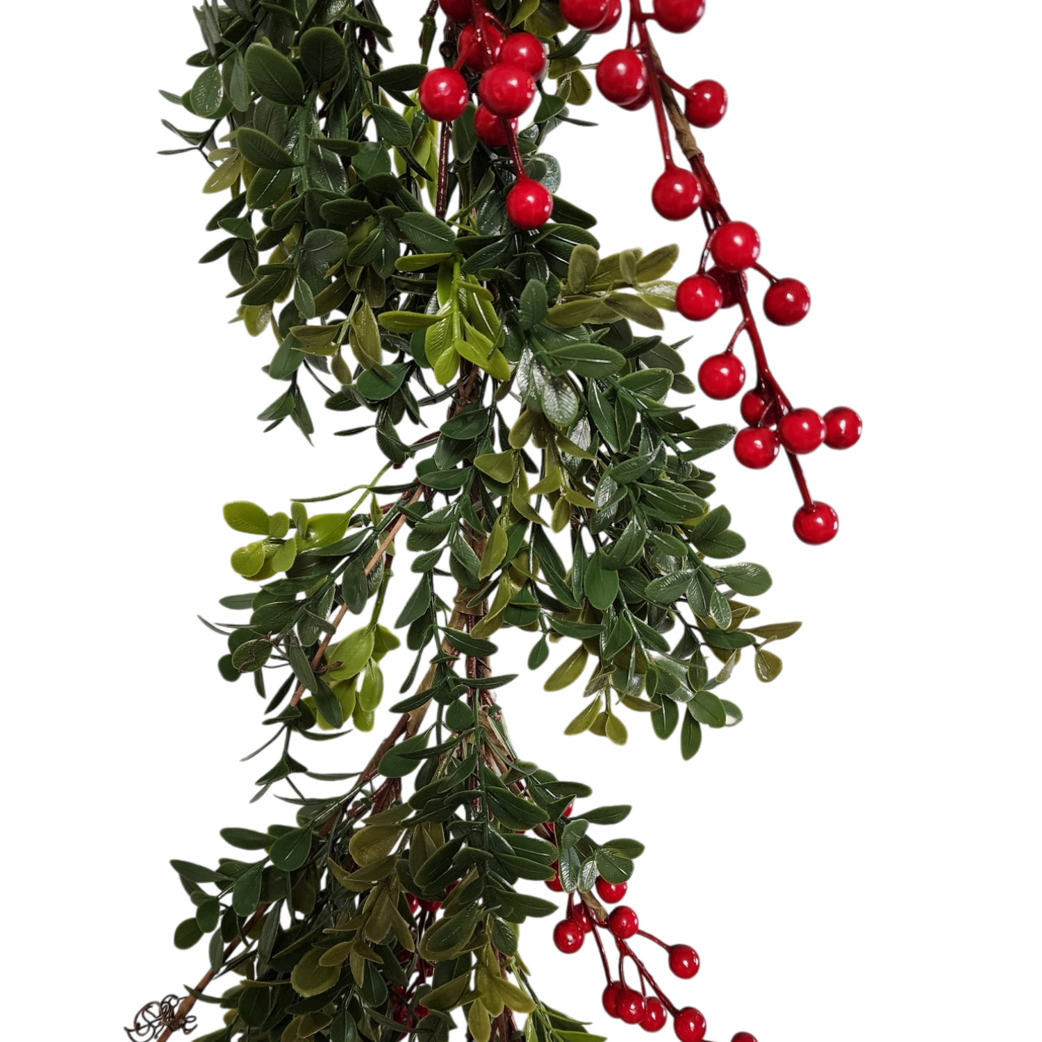 Garlands of lush green leaves adorned with vibrant red berries for festive decor.