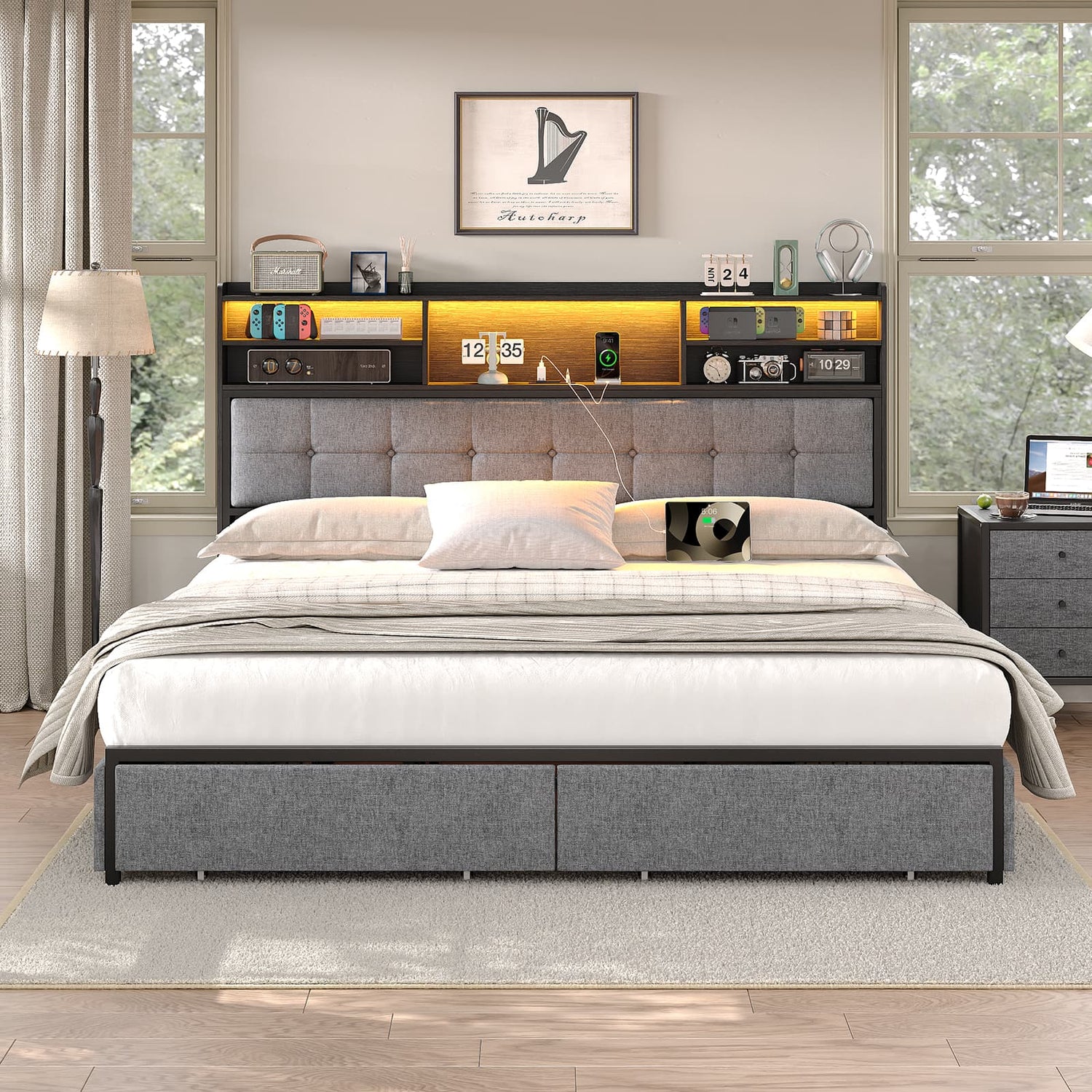 Stylish bedroom featuring Smart Headboards with integrated lighting and electronics for a modern aesthetic.
