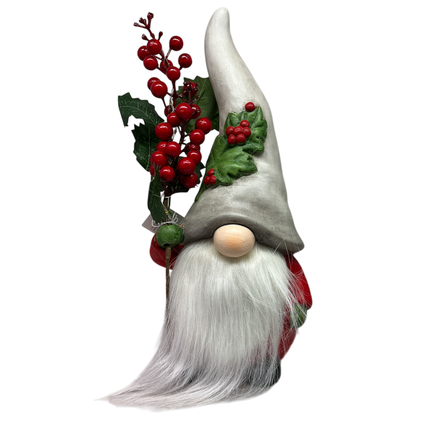 Christmas Gnomes decoration with a grey hat and holly berries, perfect for festive home decor.