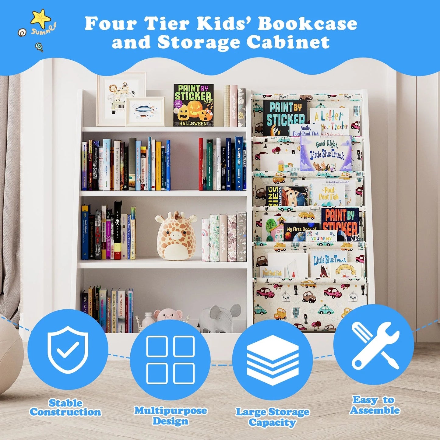 Wooden 4 Tier Sling Storage Children'S Bookshelf for Kids Room Living Room
