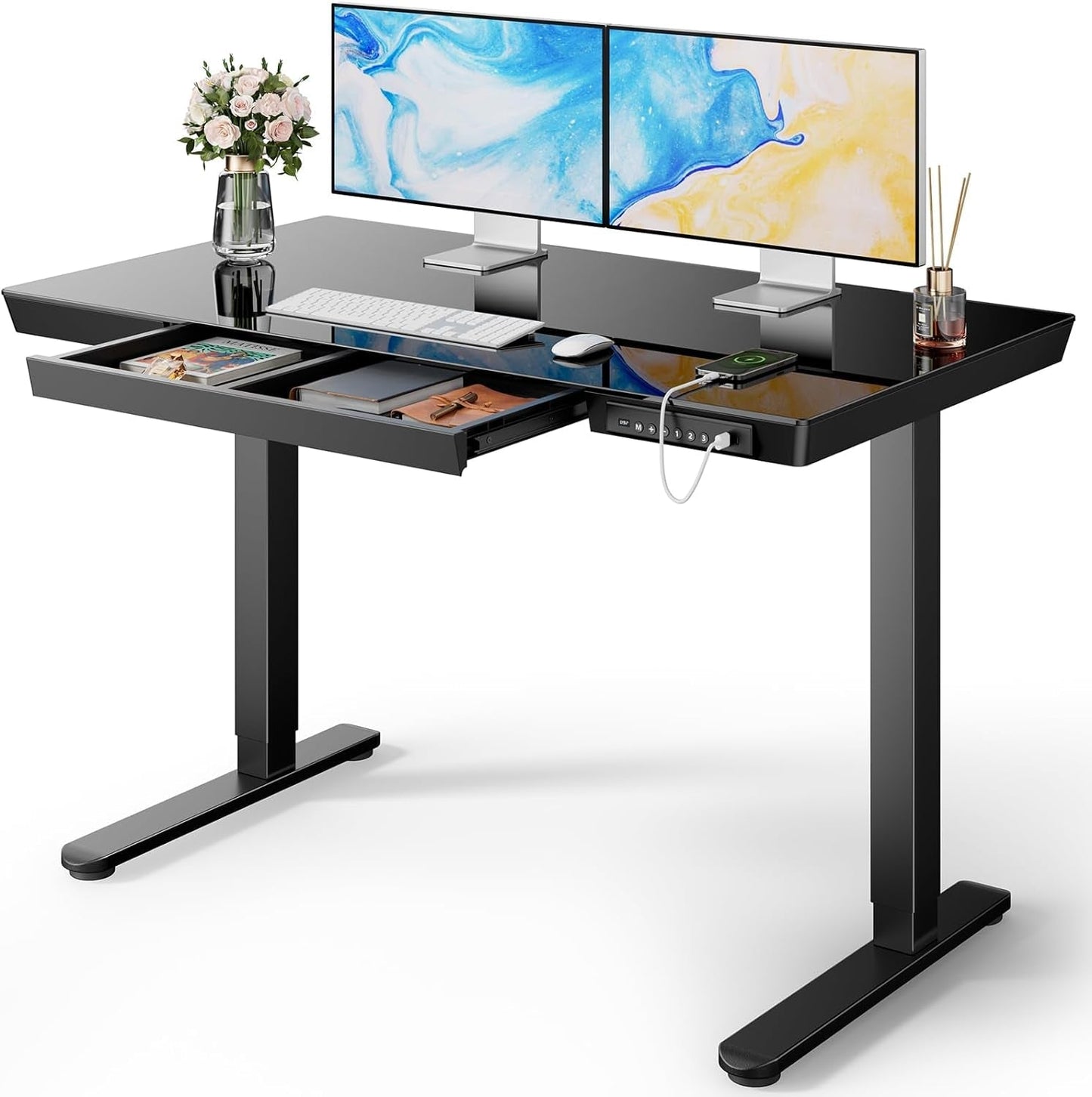 48 Inch Glass Electric Standing Desk With USB Charging