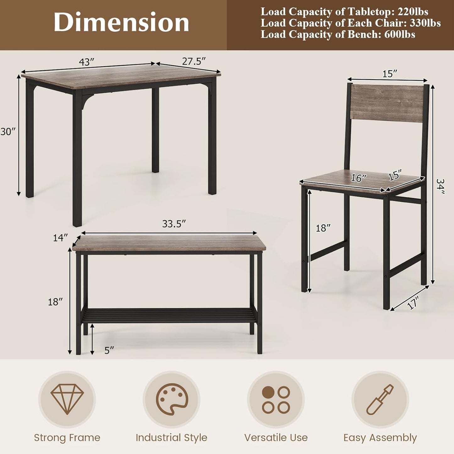 Stainless Steel Space Saving Dining Room Table Set Four