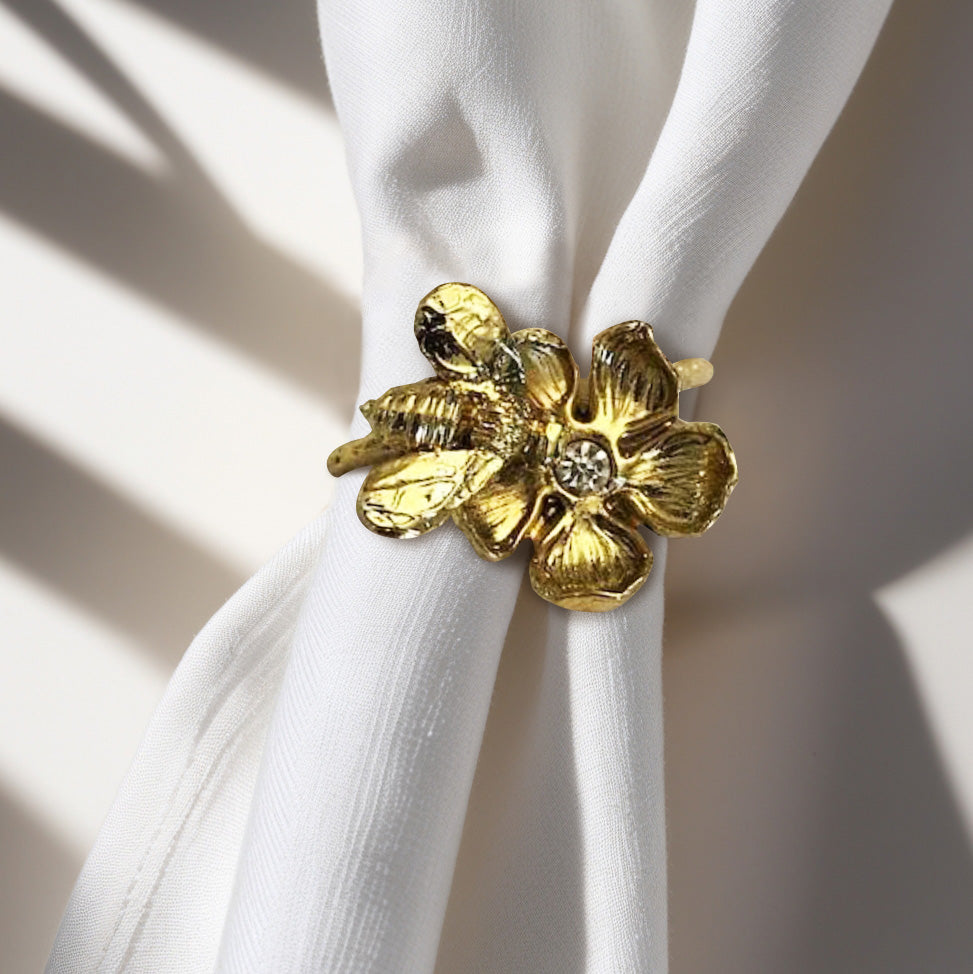 Gold Bee Napkin Rings - Elegant Rust Resistant Napkin Ring Set of 4 for Table Decor