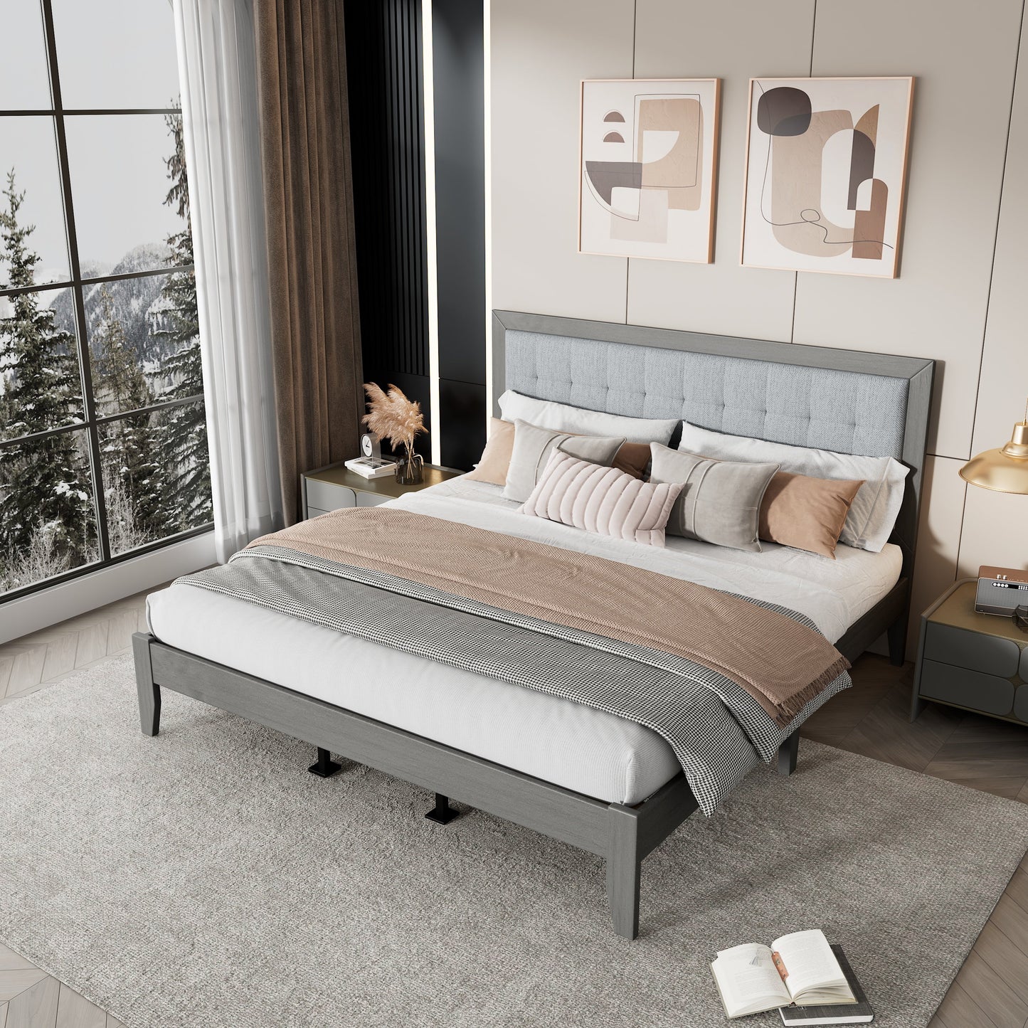 Solid Wood Platform Upholstered Headboard King Bed
