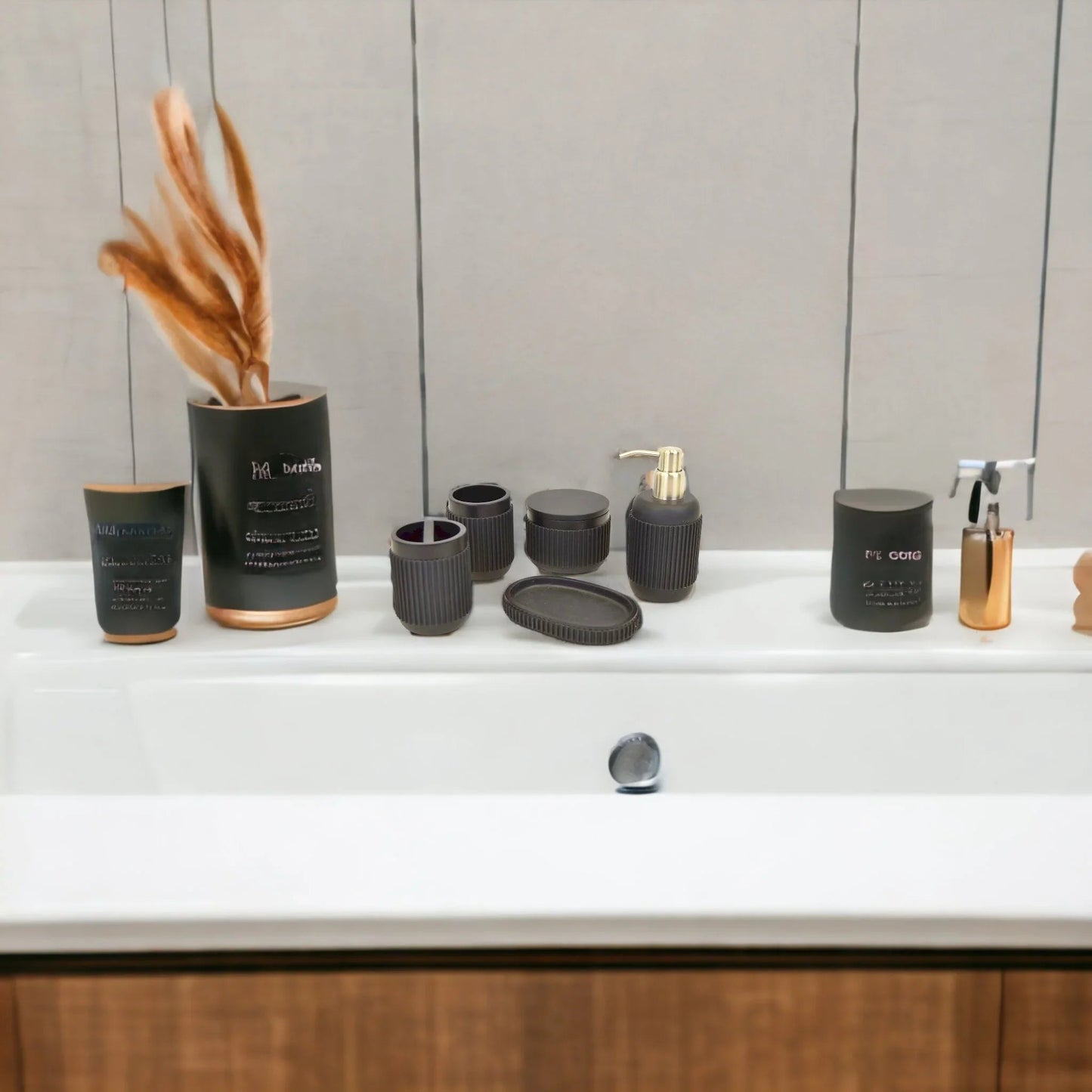 Black Bathroom Set - 5 Piece Bath Set in Ribbed Design