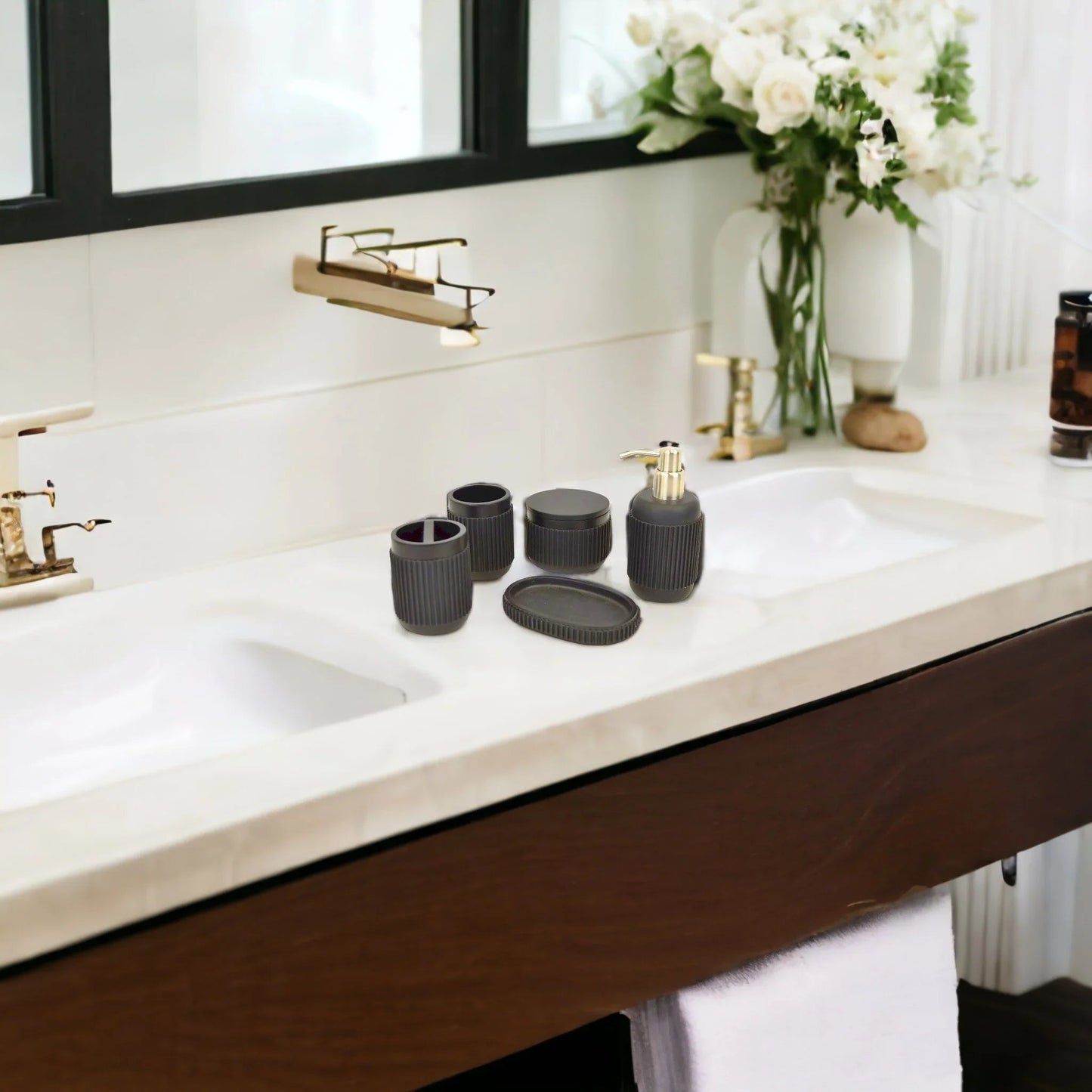 Black Bathroom Set - 5 Piece Bath Set in Ribbed Design