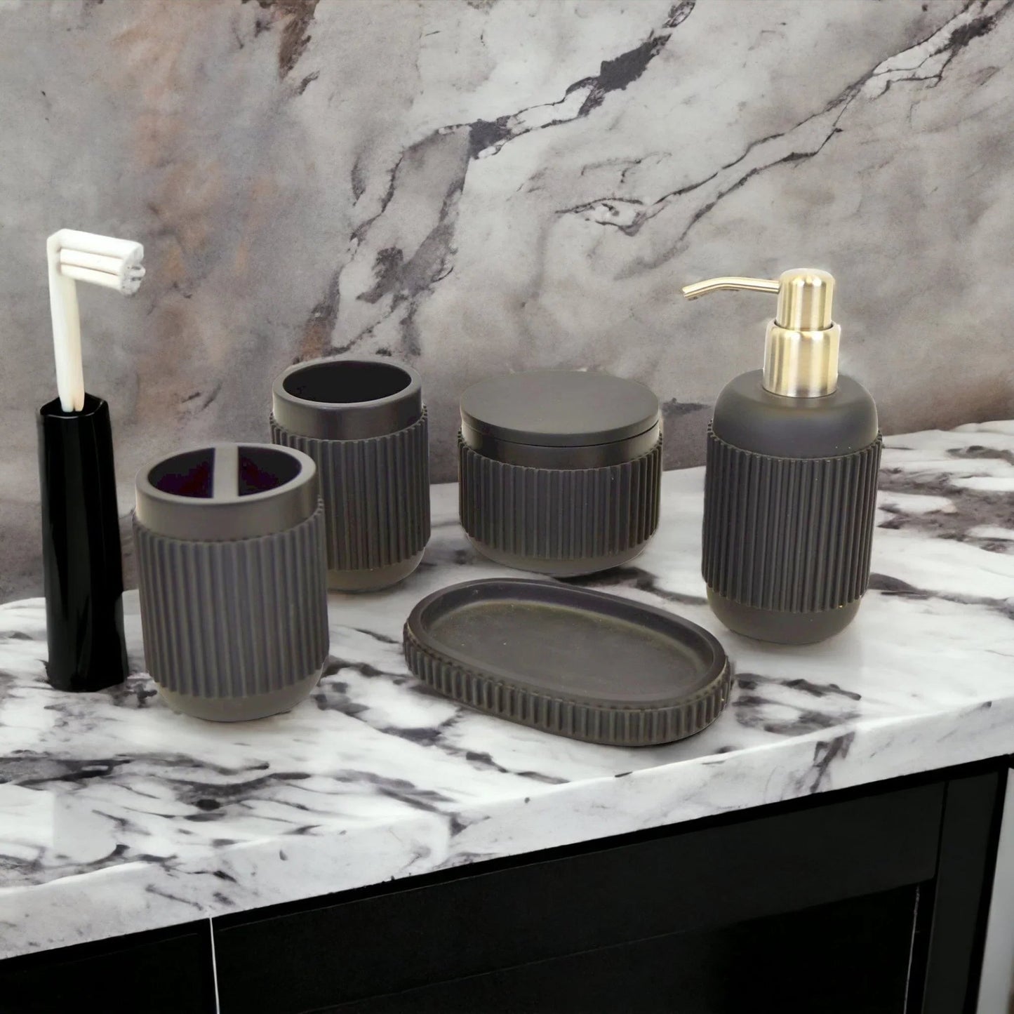 Black Bathroom Set - 5 Piece Bath Set in Ribbed Design