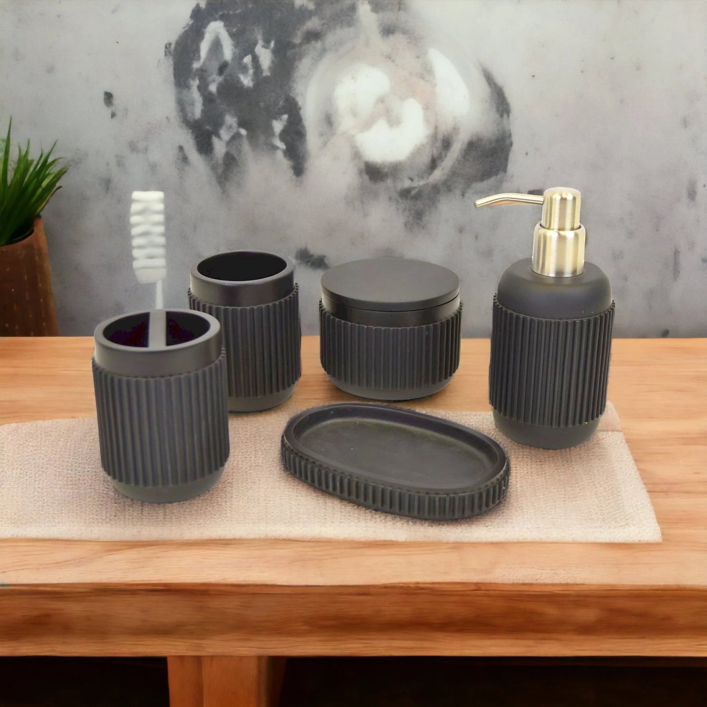 Black Bathroom Set - 5 Piece Bath Set in Ribbed Design