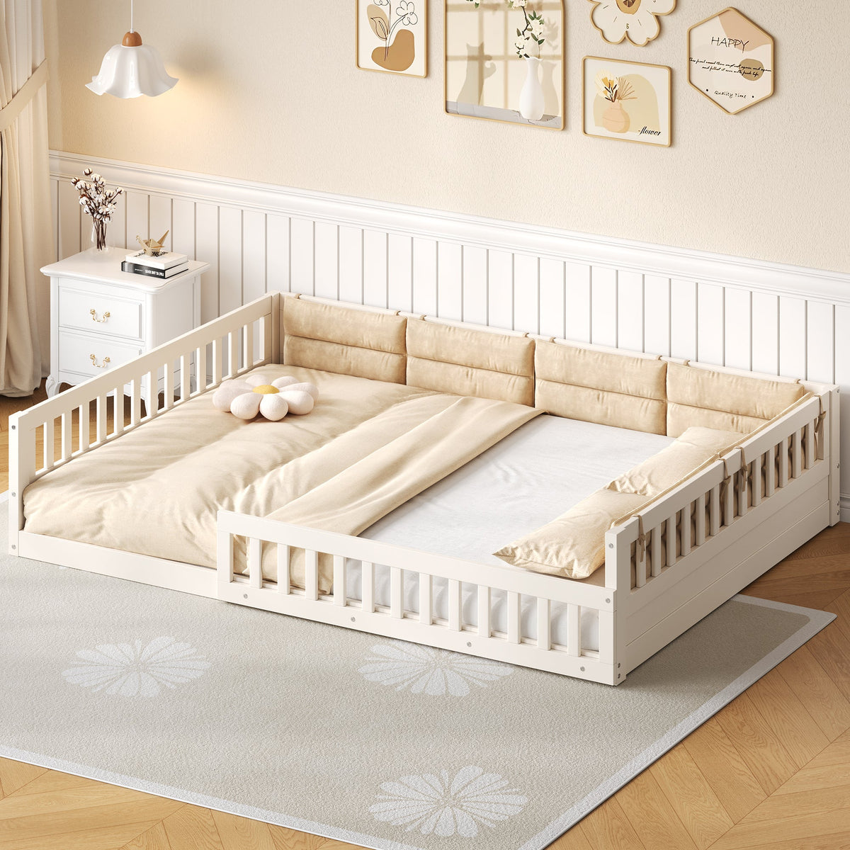 Wood Full Size Upholstered Platform Bed with Guardrail and Pillow