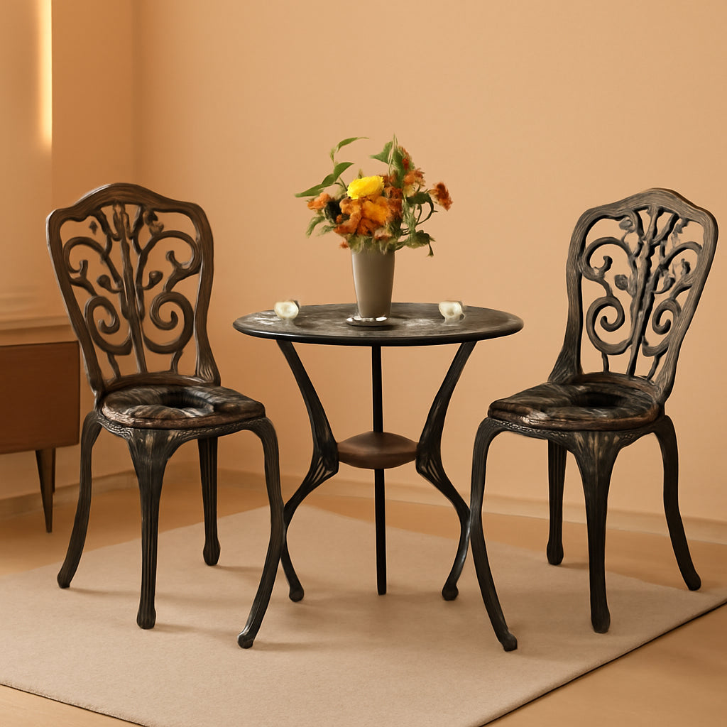3 Piece Cast Aluminum Outdoor Patio Bistro Set With Umbrella Hole In Brown All Weather Durable
