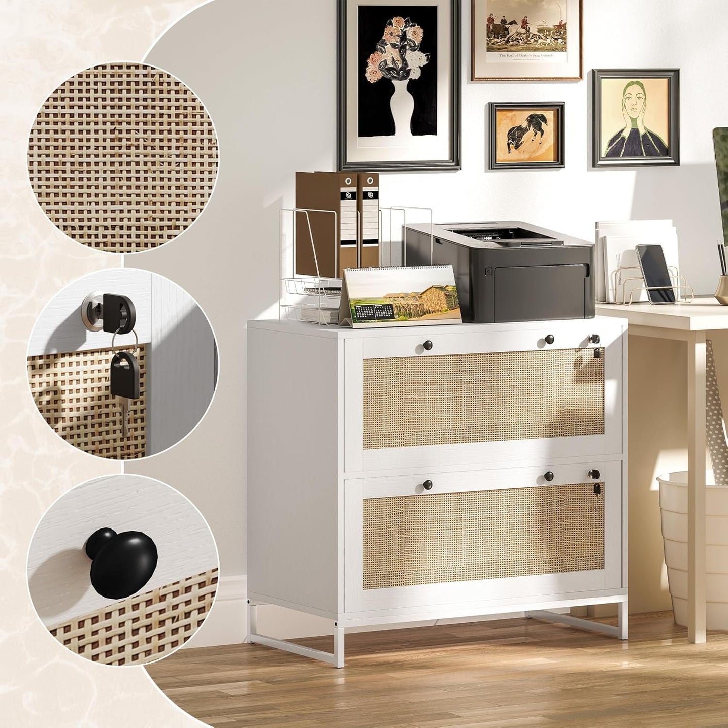 White Rattan 2 Drawer Locking Lateral File Cabinet