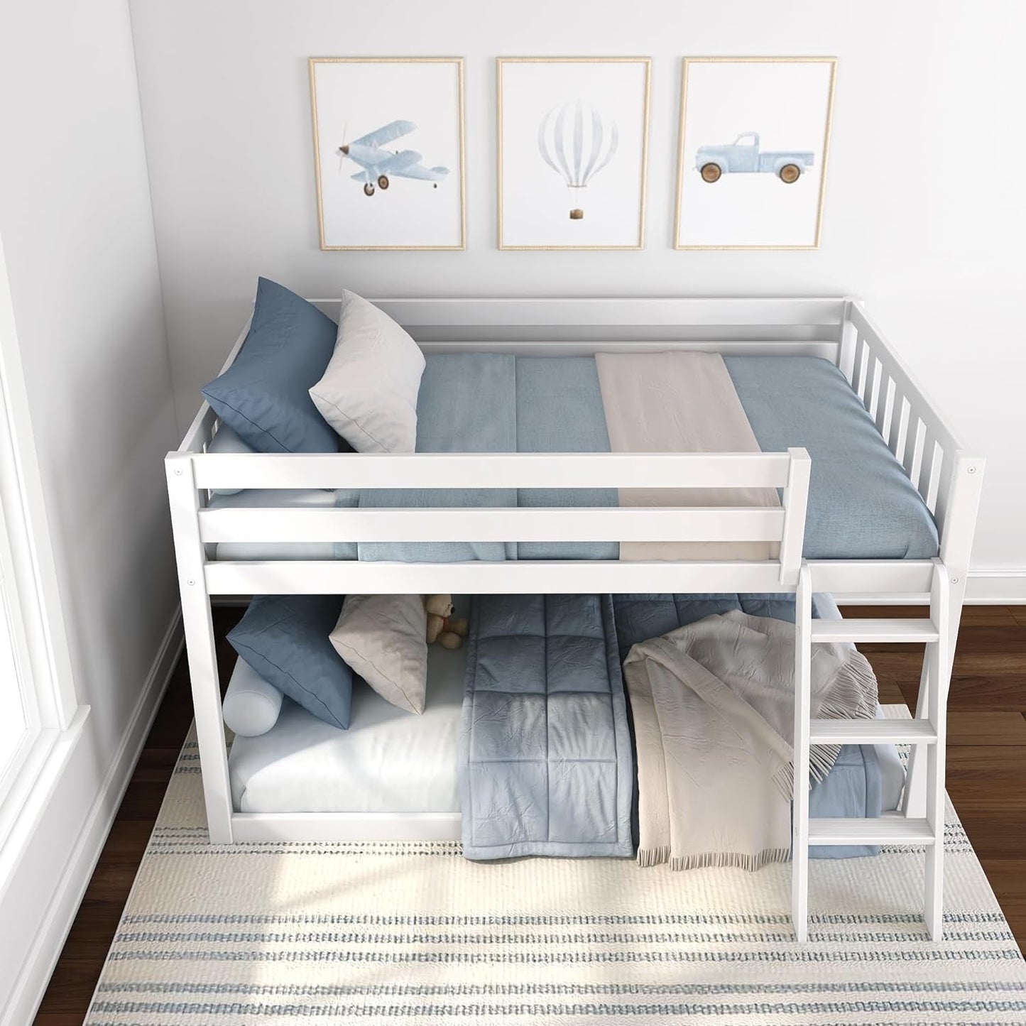 White Twin Low Bunk Bed Solid Wood Frame For Kids Safe