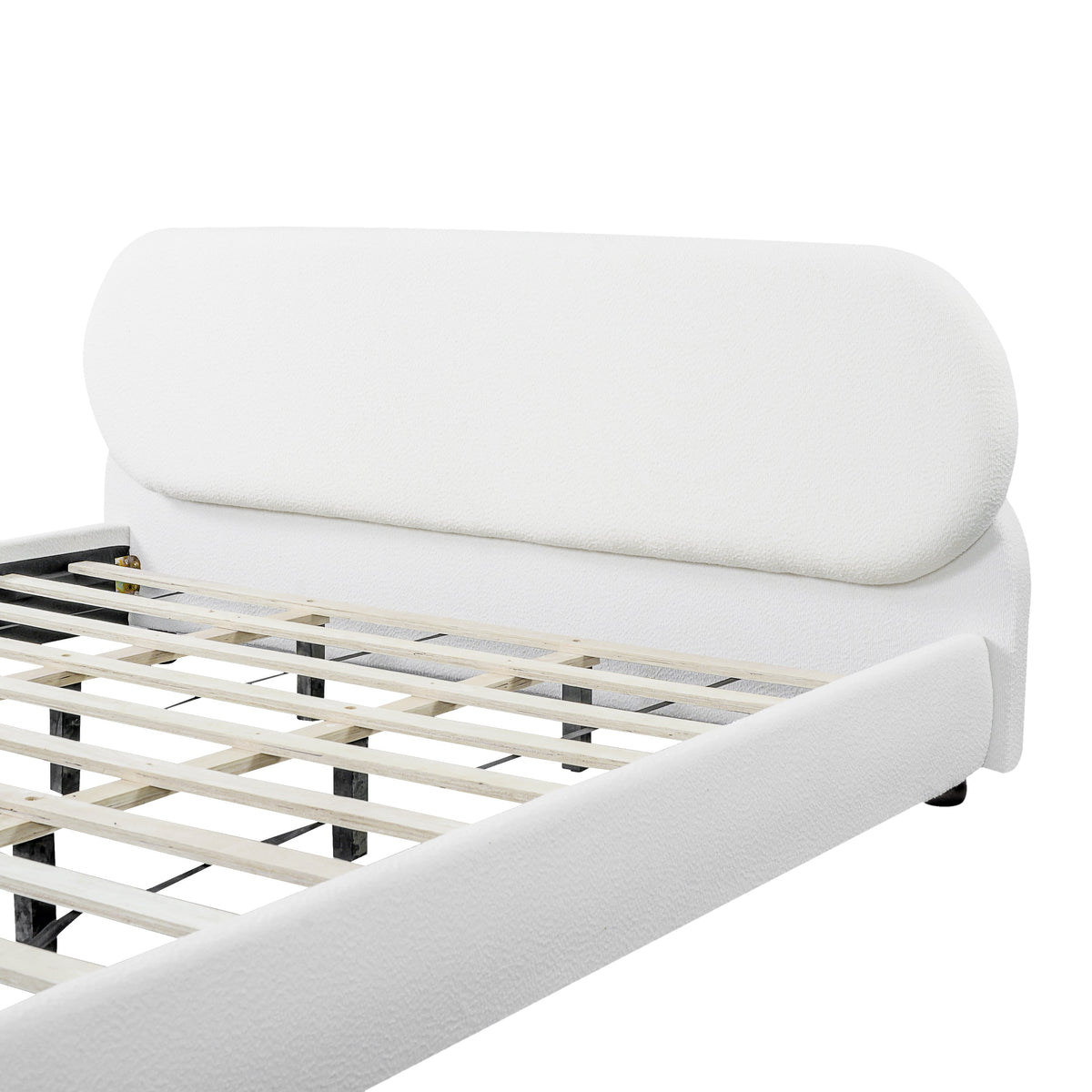 Cream-Colored Boucle Upholstered Bed with Rubber Wood Foot - King