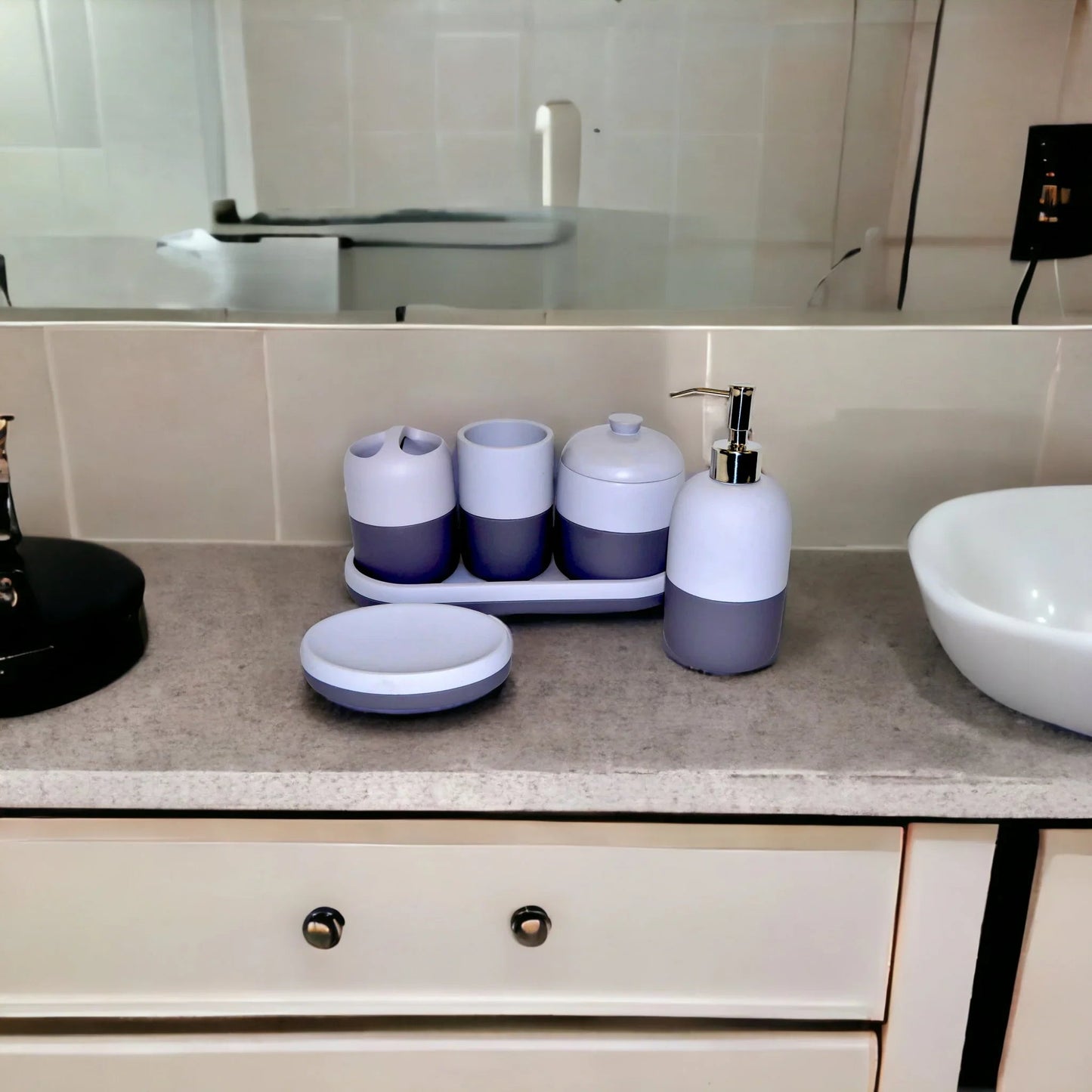 Gray Bathroom Accessories Set with Vanity Tray