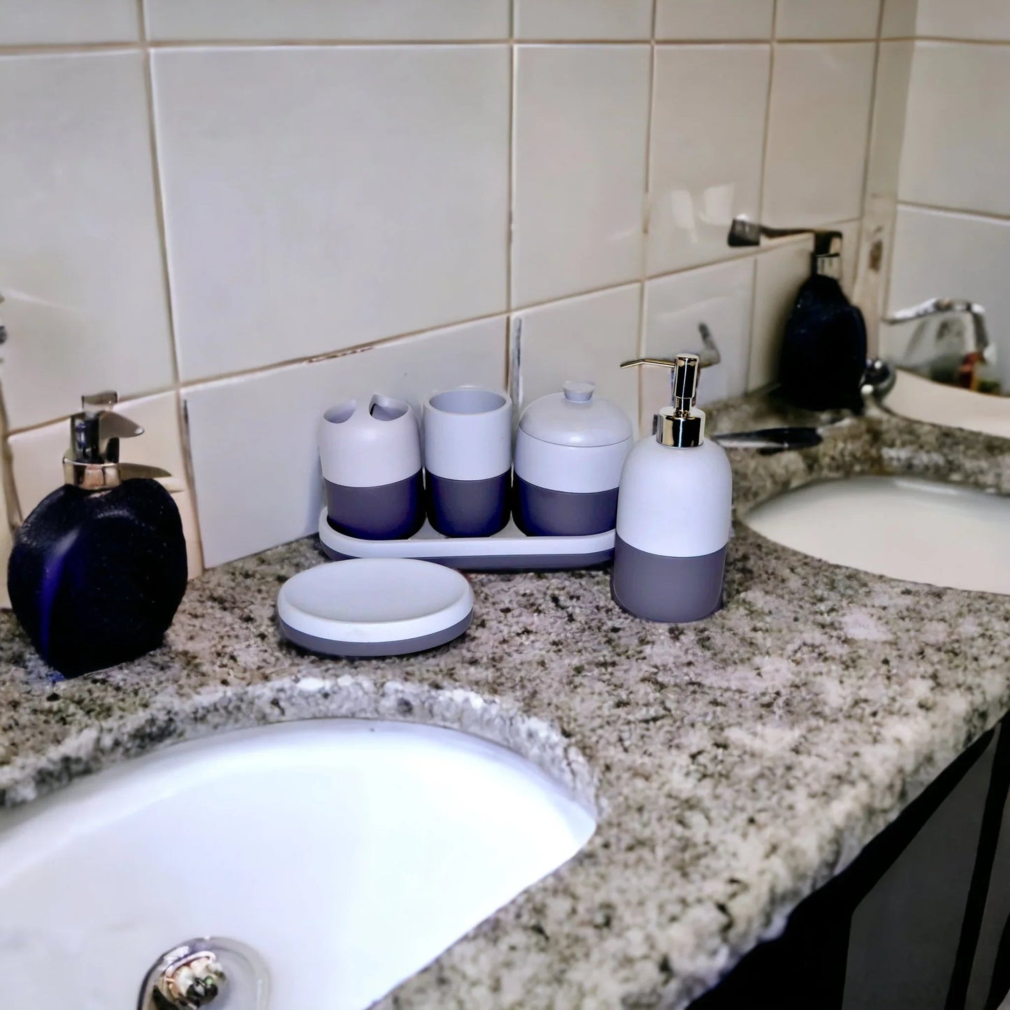 Gray Bathroom Accessories Set with Vanity Tray