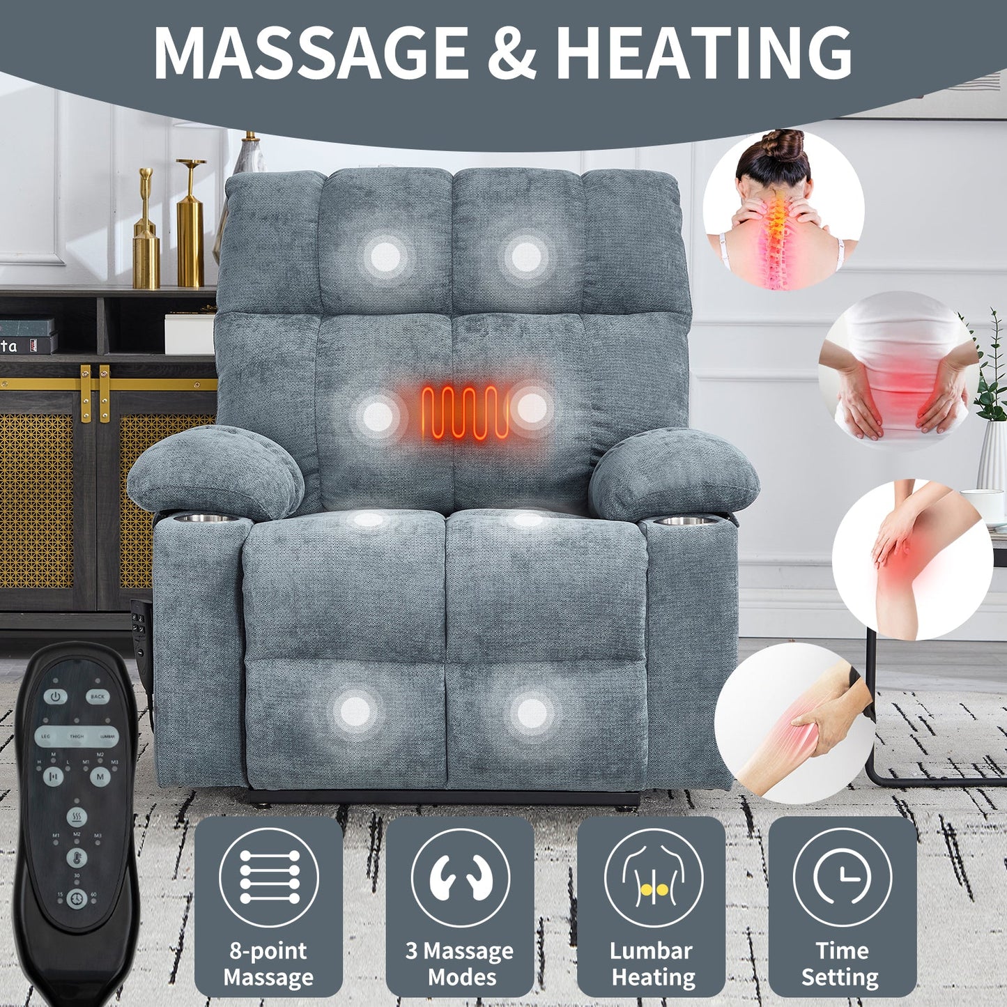 Grey Dual Motor Infinite Position Up to 350 LBS Chenille Power Lift Recliner Chair, Heavy Duty Motion Mechanism with 8-Point Vibration Massage and Lumbar Heating, Dual Cup Holders