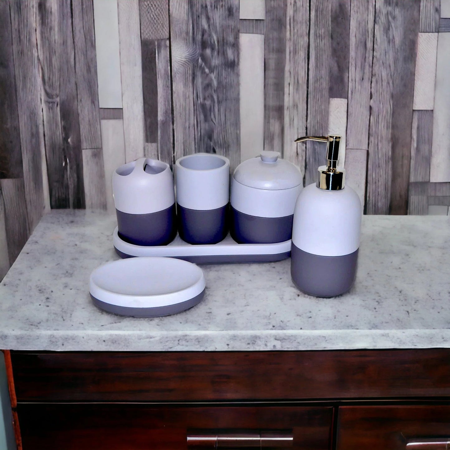 Gray Bathroom Accessories Set with Vanity Tray