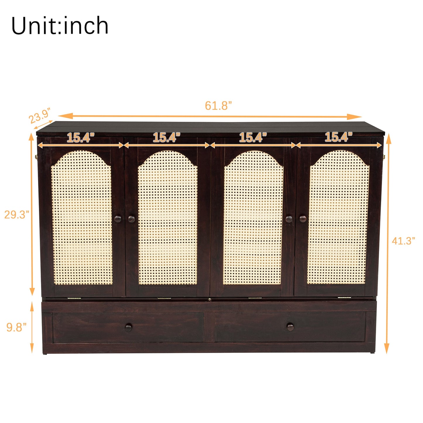 Queen Size Murphy Bed, Pine Wood Cabinet Bed with Power Station and Rattan Decoration Panel,Espresso