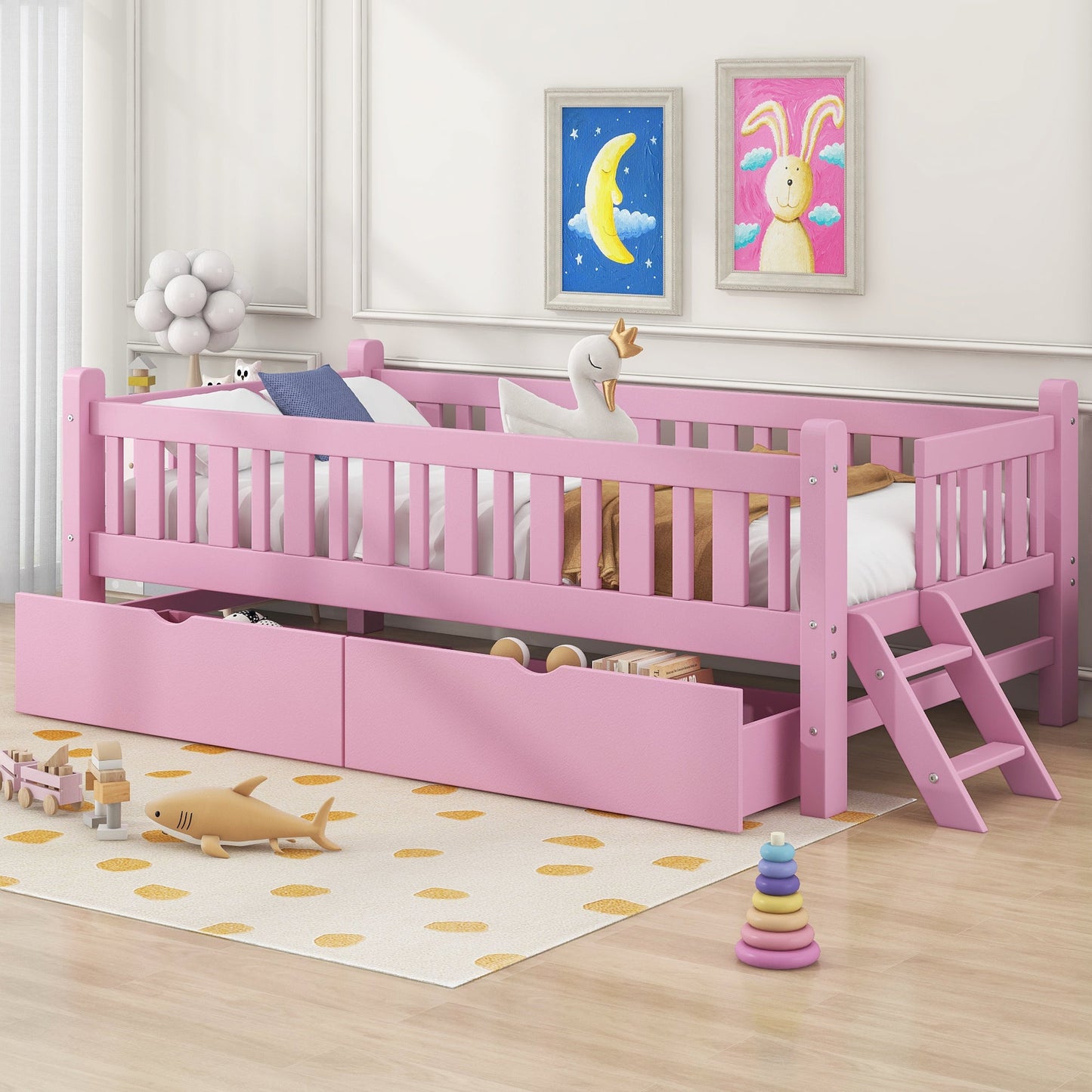 Wood Twin Size Platform Bed with Guardrail and 2 Drawers