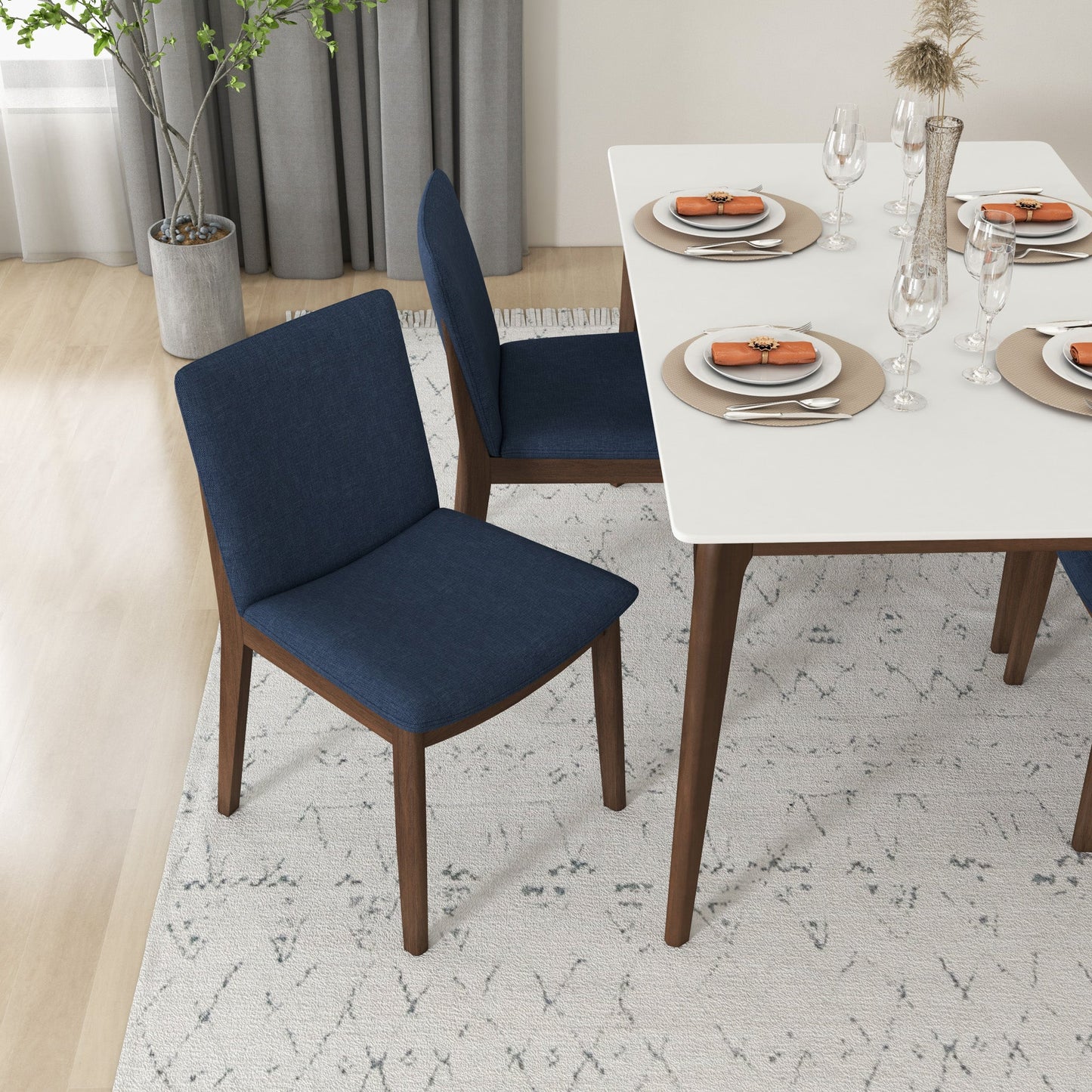 Laura Blue Linen Solid Wood Dining Chair Set of 2