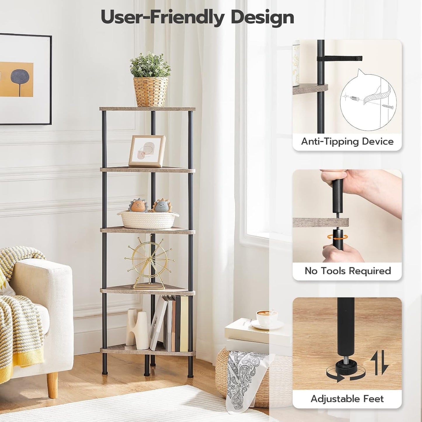 Industrial 5 Tier Corner Shelf Stand With Metal Frame