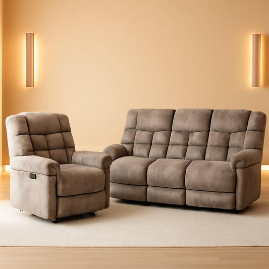 Manual Recliner Sofa Set Memory Foam Cushions Brown