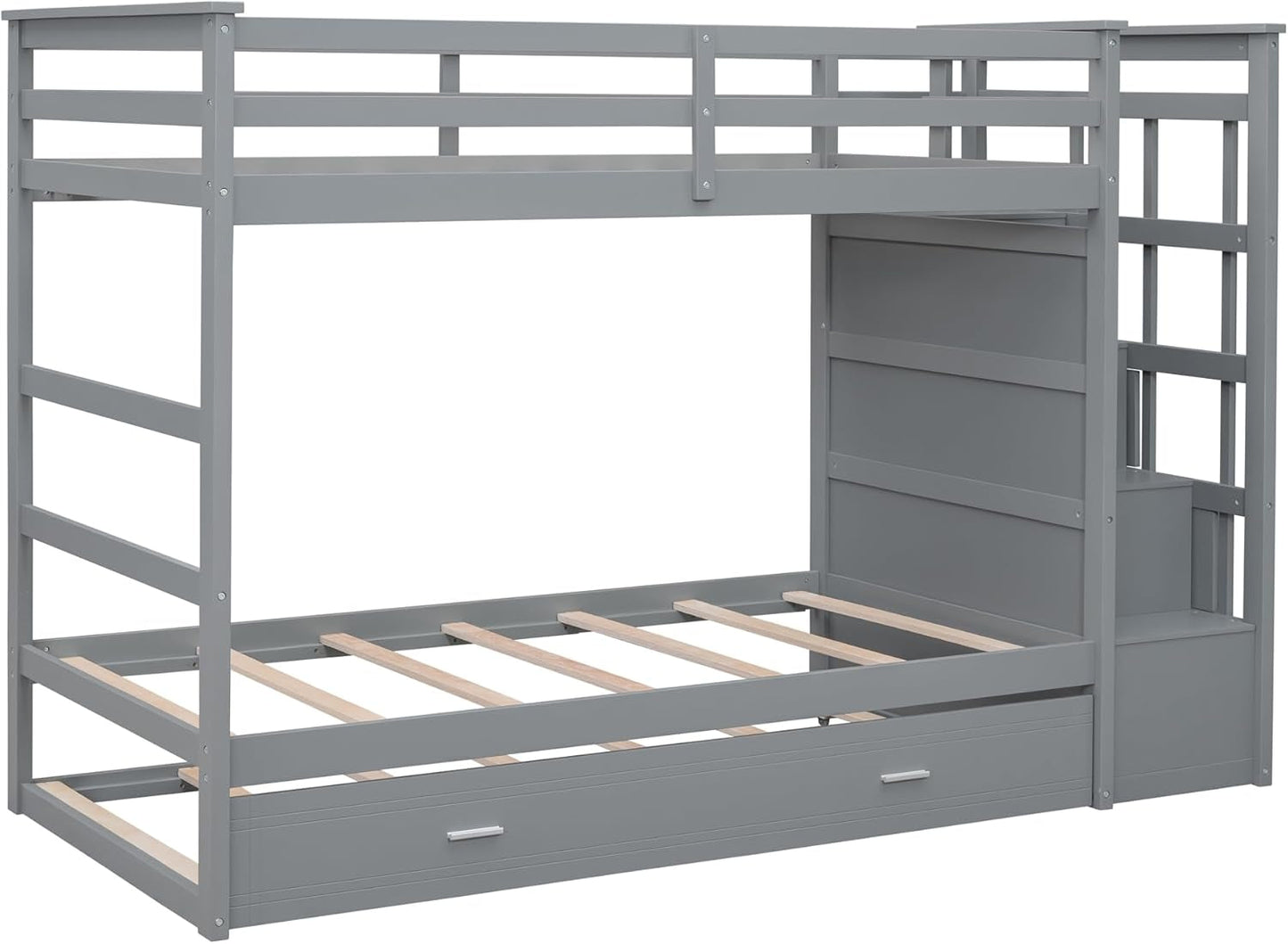 Natural Gray Twin Bunk Bed With Trundle And Stairs