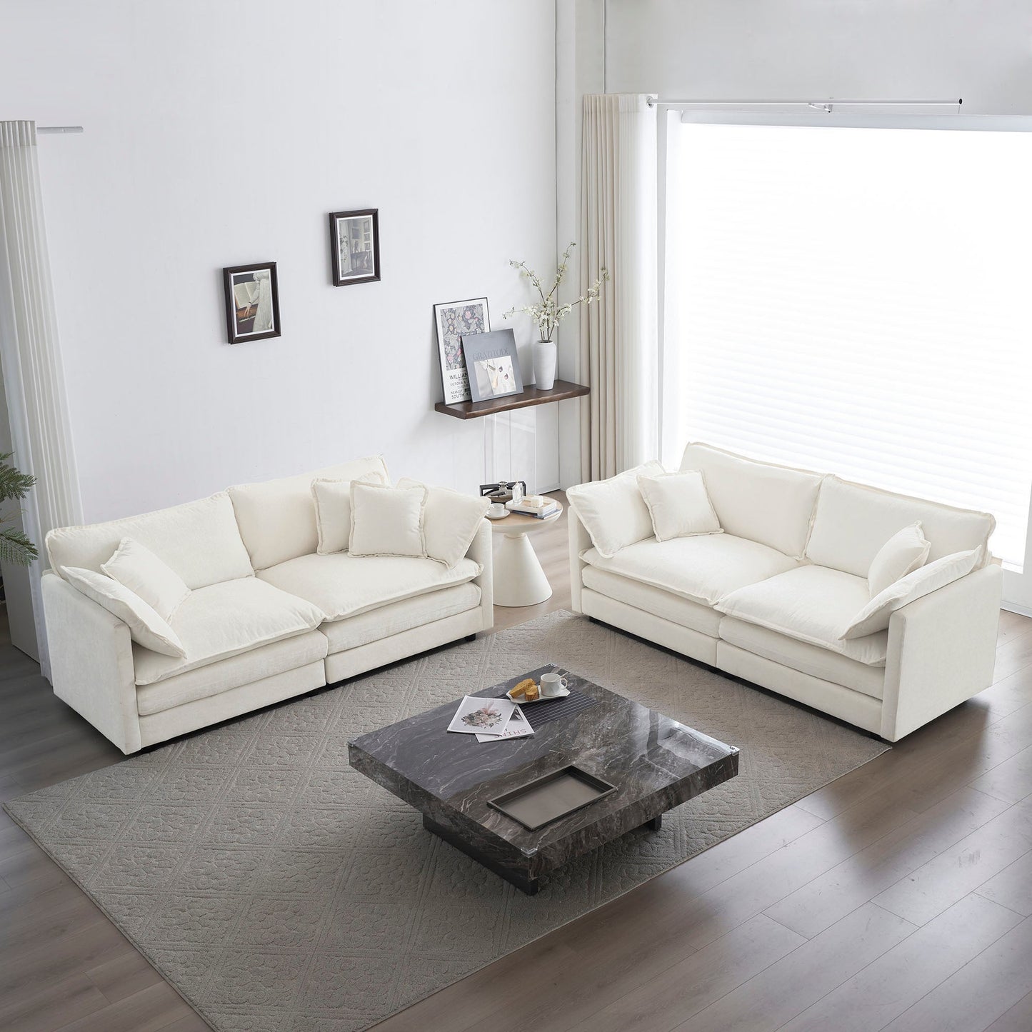 2-Piece White Chenille Sofa Set for Living Room