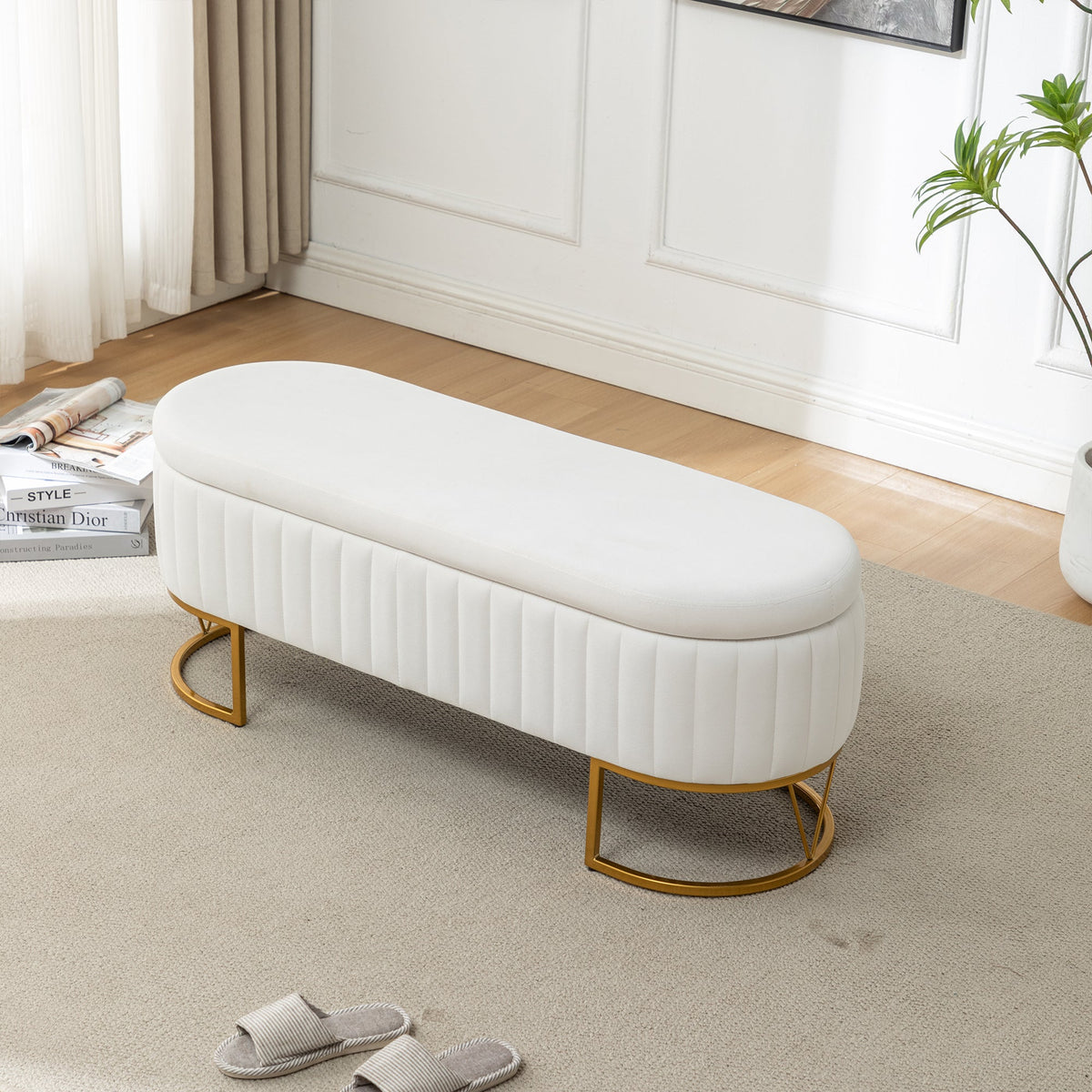 Storage Bench - Velvet Oval Upholstered Design