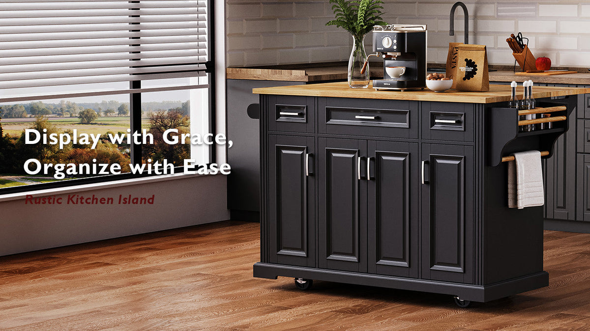 K&K 54-Inch Large Kitchen Island with Rubber Wood Drop Leaf